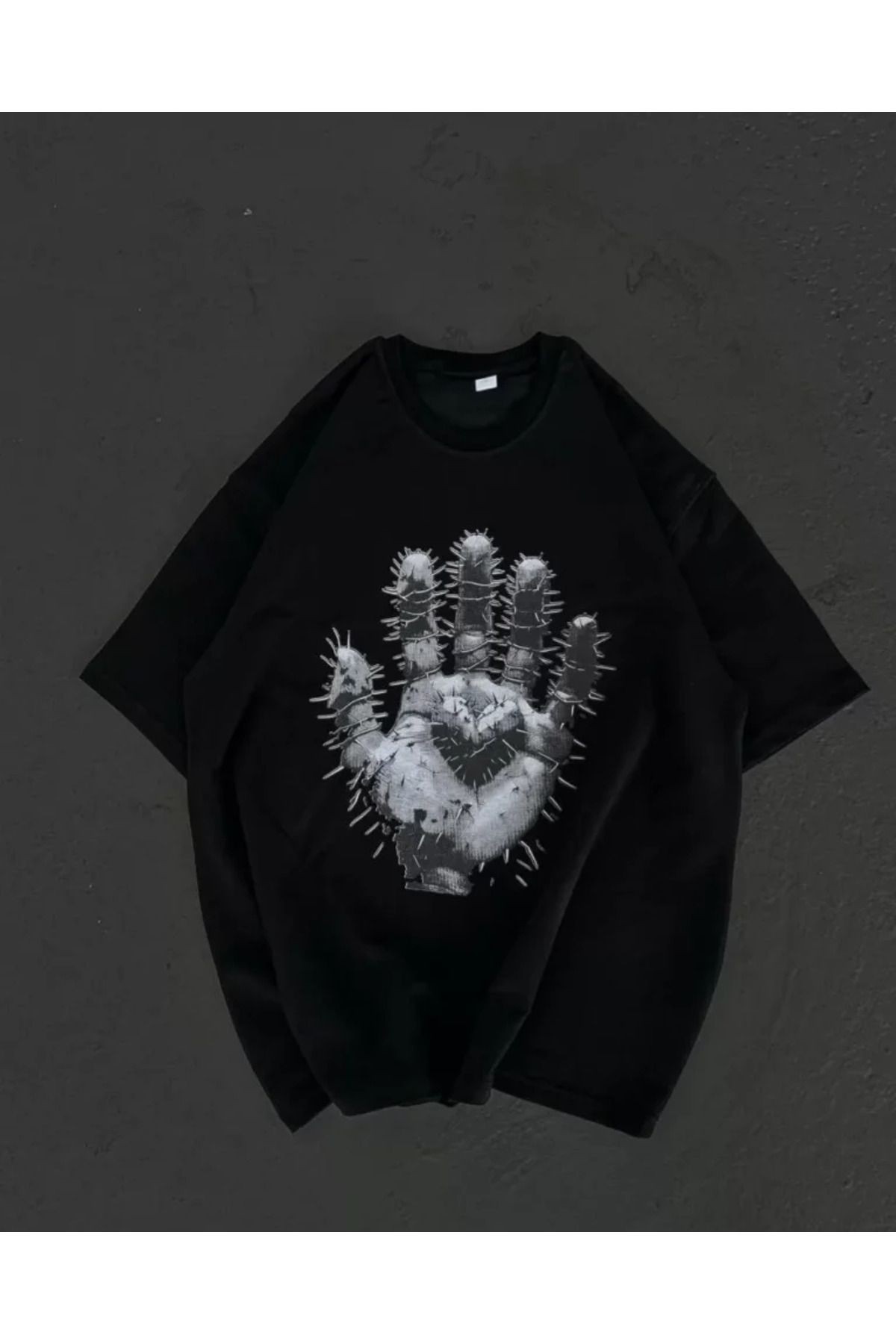 Unisex Bisiklet Yaka Baskılı Oversize T-Shirt - Siyah