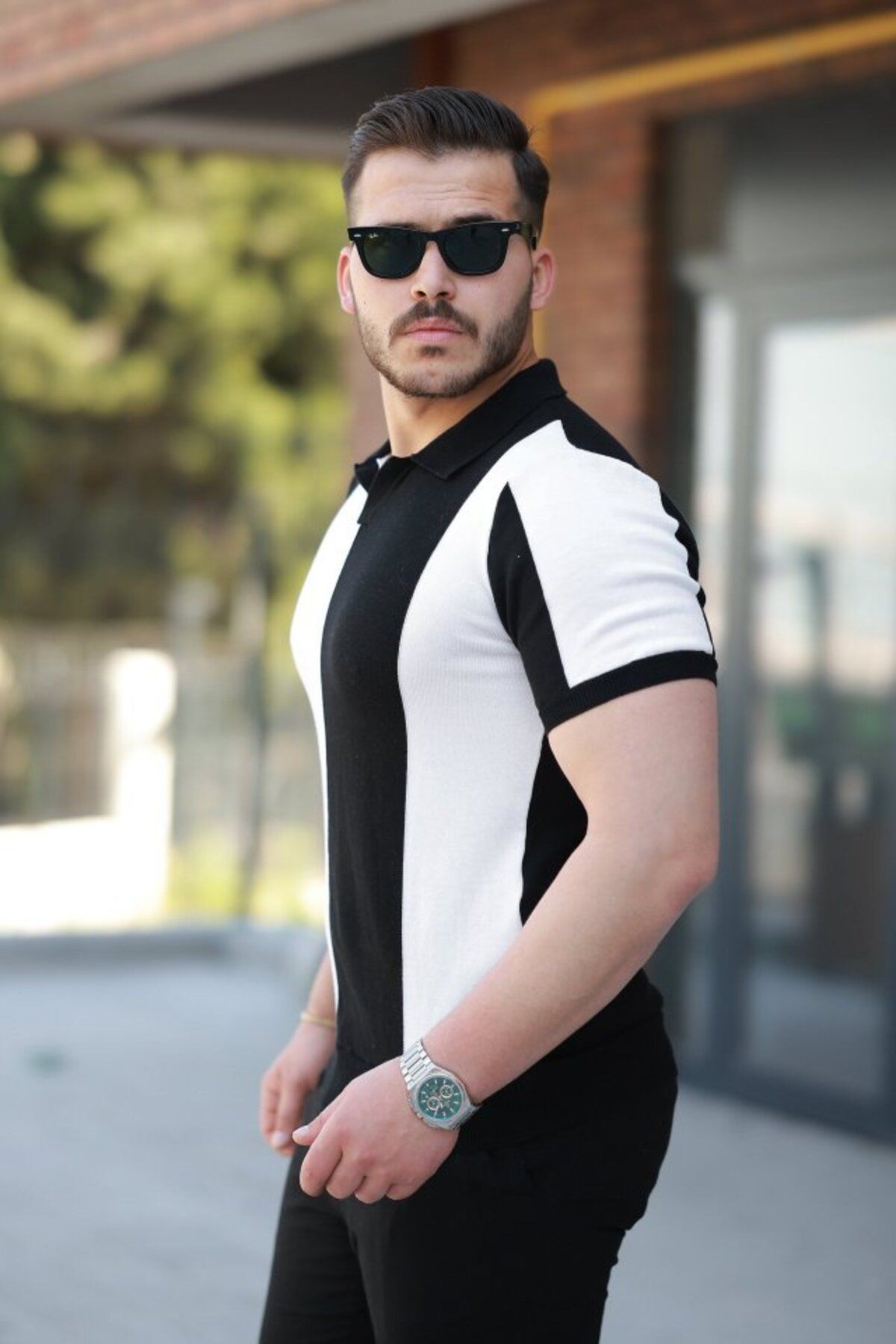 Erkek Kısa Kollu Polo Yakalı Blok Desenli Triko tişört