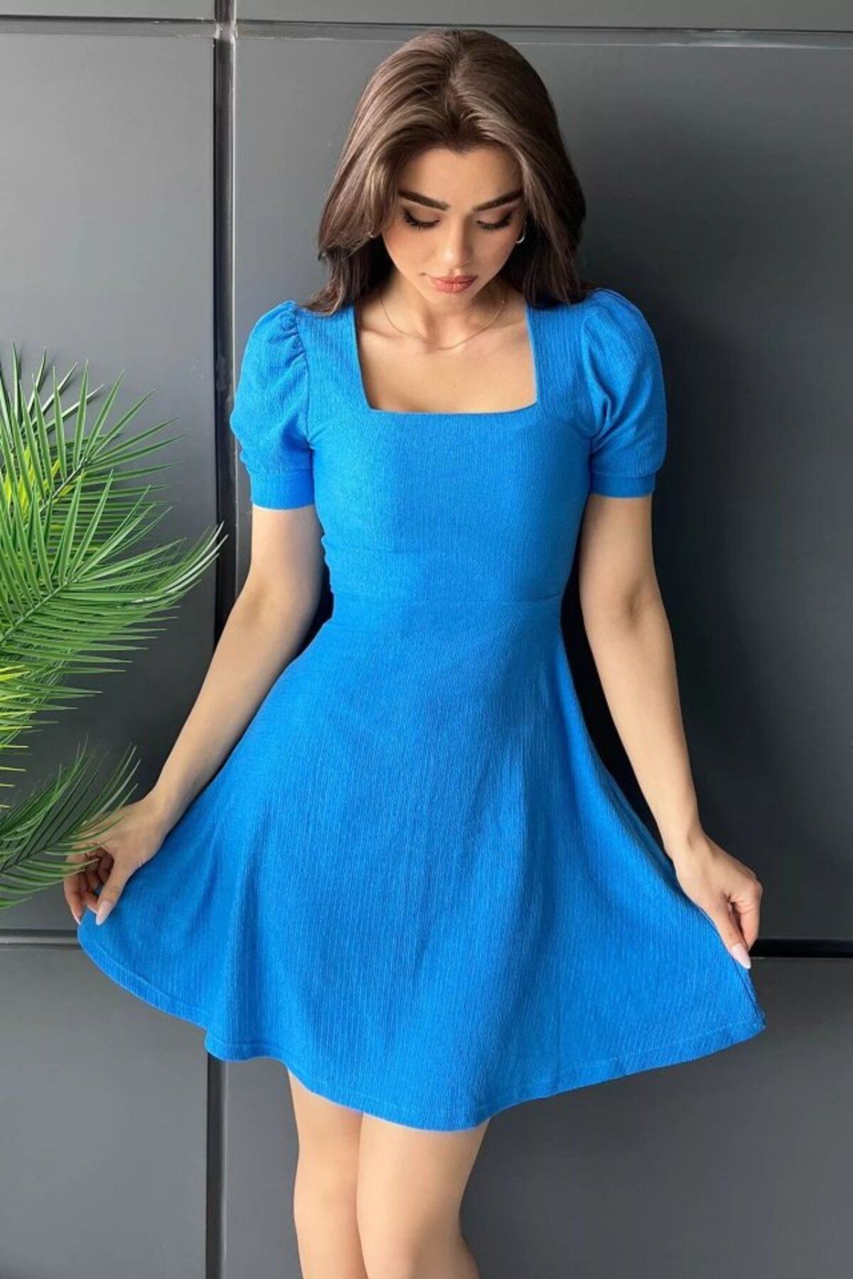 İndigo Kare Yaka Örme Mini Elbise