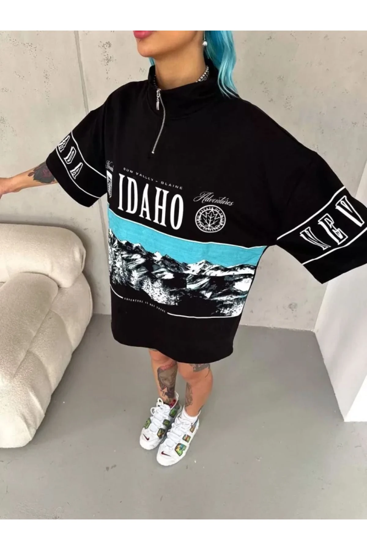 Unisex Baskılı Yarım Fermuarlı T-Shirt - Siyah