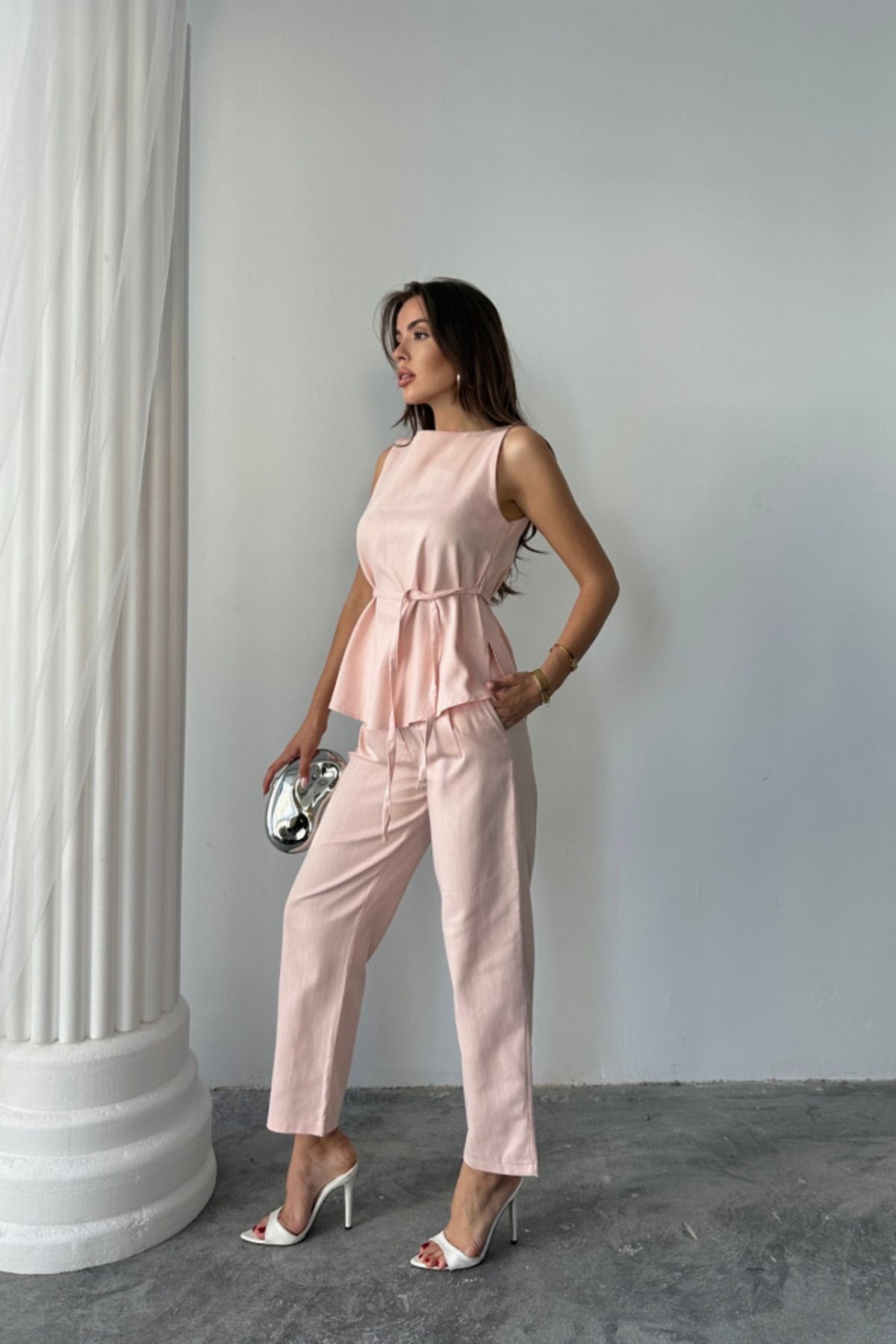 KETEN BLUZ - PANTOLON TAKIM MASSİMO MODELSCREAT KUMAŞ - Pudra