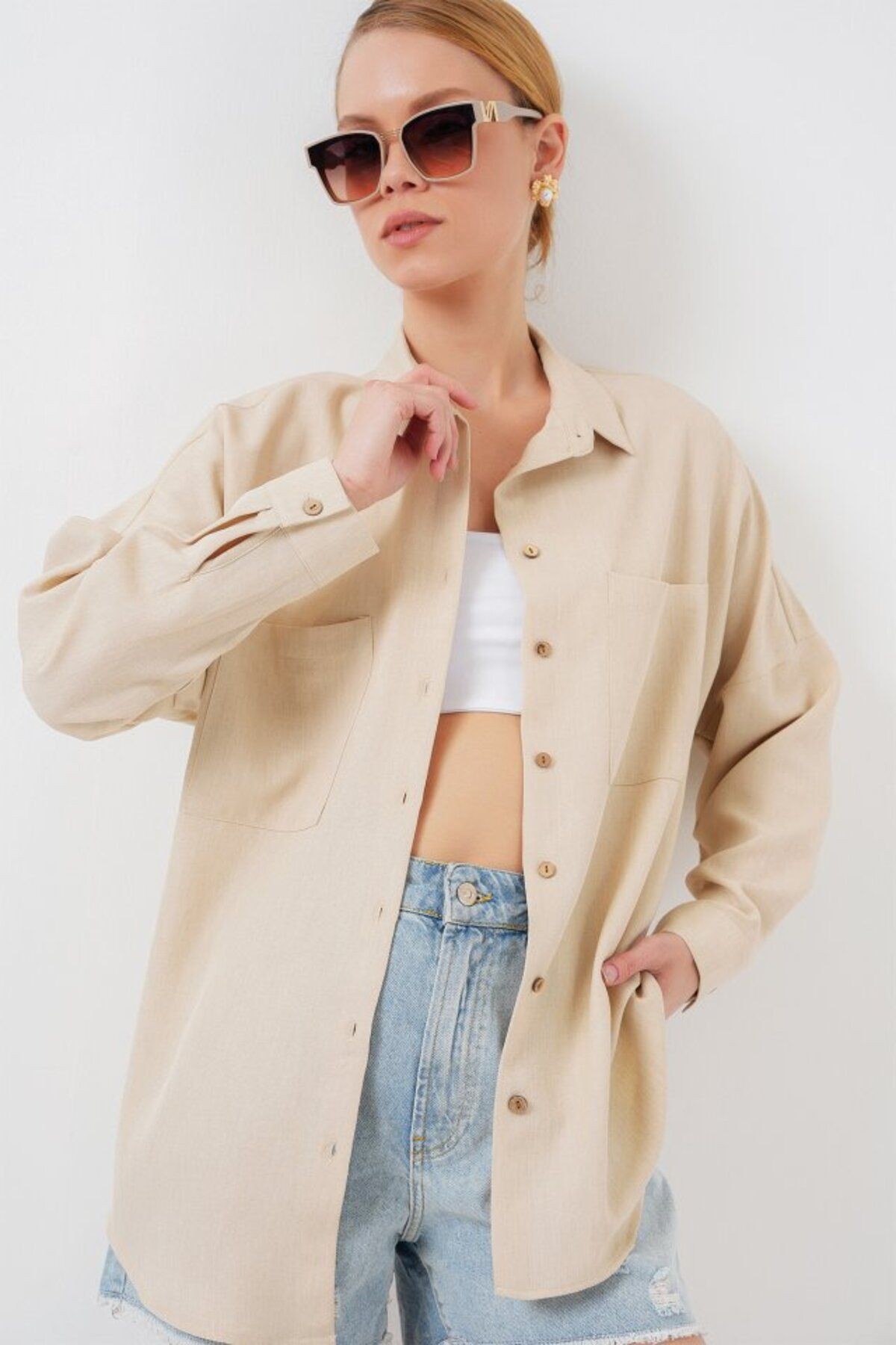 20126 Oversize Keten Gömlek - Bej