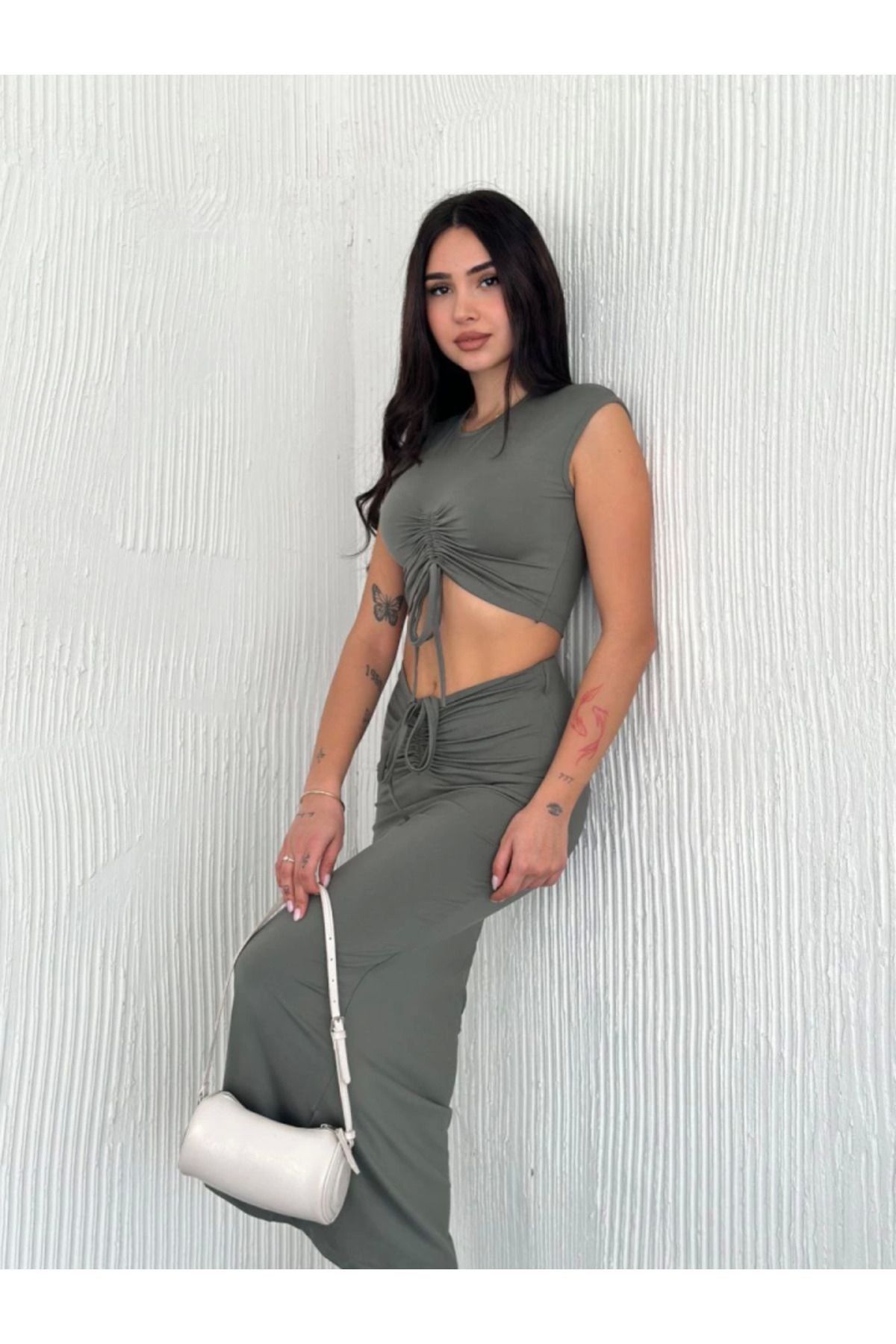 Osy Modal Yumuşak Dokulu Kumaş Büzgülü Crop Etek Takım - Mint Yeşili