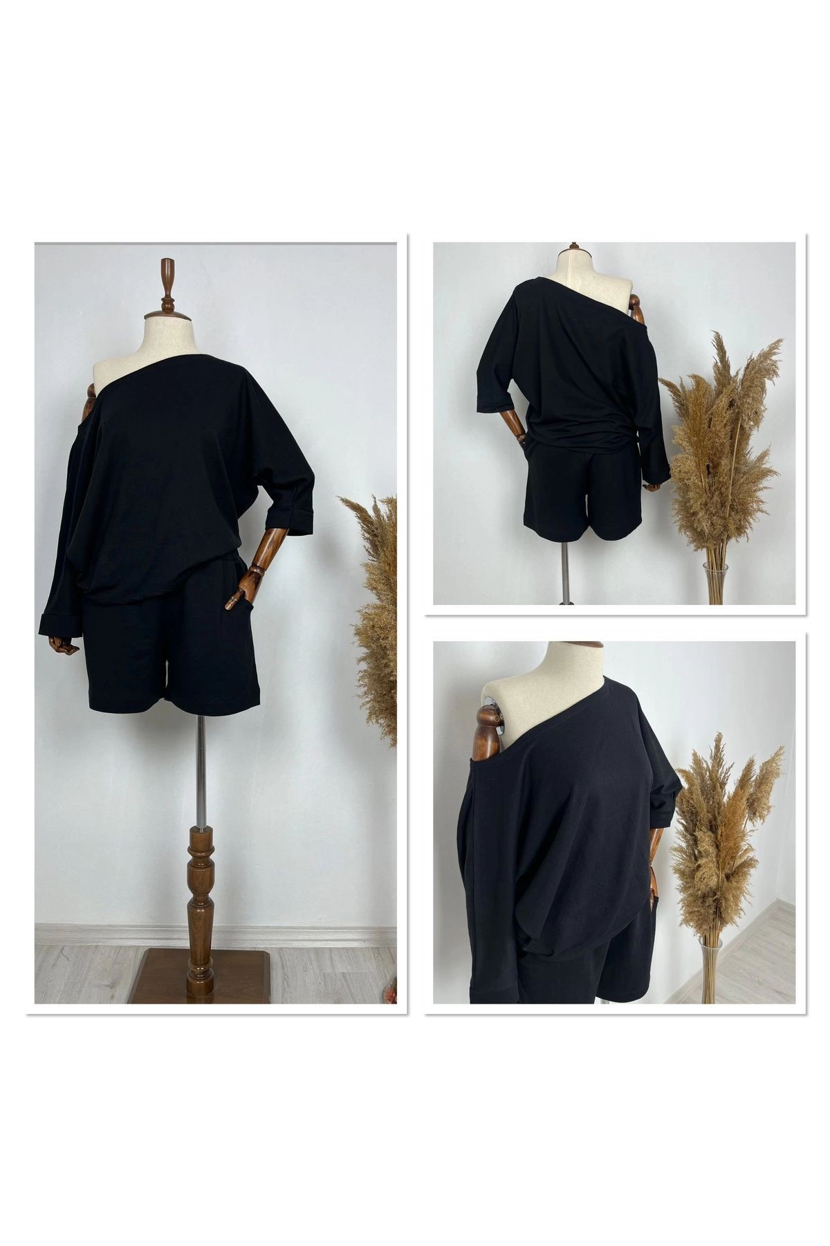 Kadın Kayık Yaka Oversize Asimetrik Bluz Ve şort Iki Iplik Takım