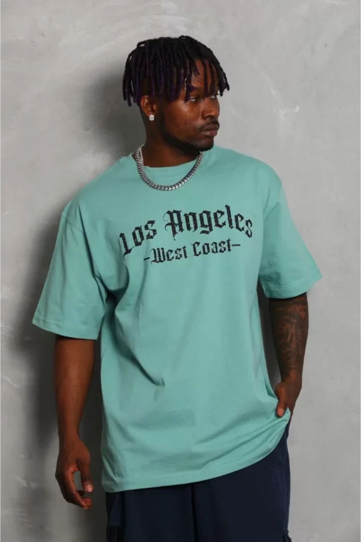 Unisex Oversize Baskılı Bisiklet Yaka T-Shirt - Mint Yeşili