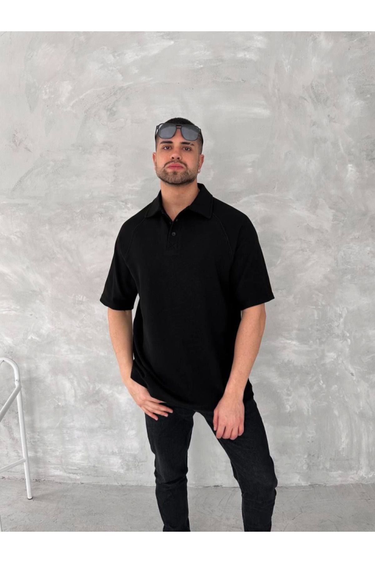 Yakalı Patlı Kısa Kol T-shirt - Siyah