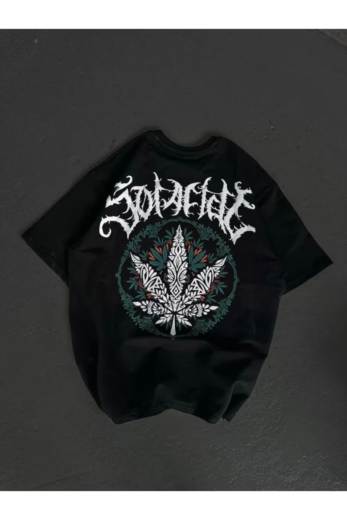 Unisex Bisiklet Yaka Baskılı Oversize T-Shirt - Siyah