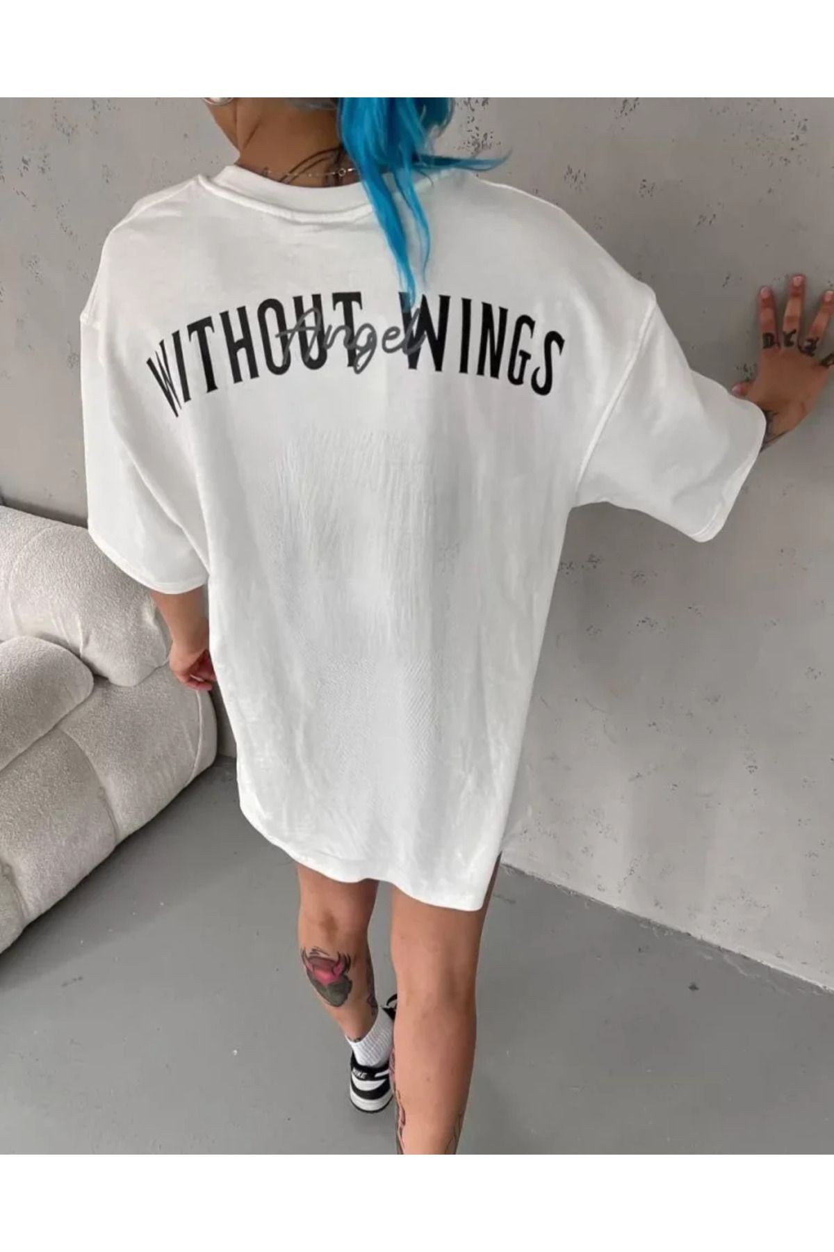 Unisex Bisiklet Yaka Baskılı Oversize T-Shirt - Beyaz