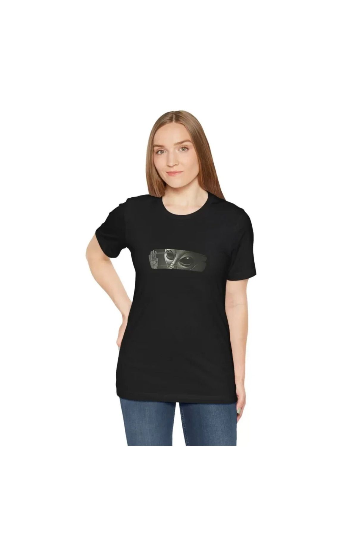 Unisex Bisiklet Yaka Baskılı T-Shirt - Siyah