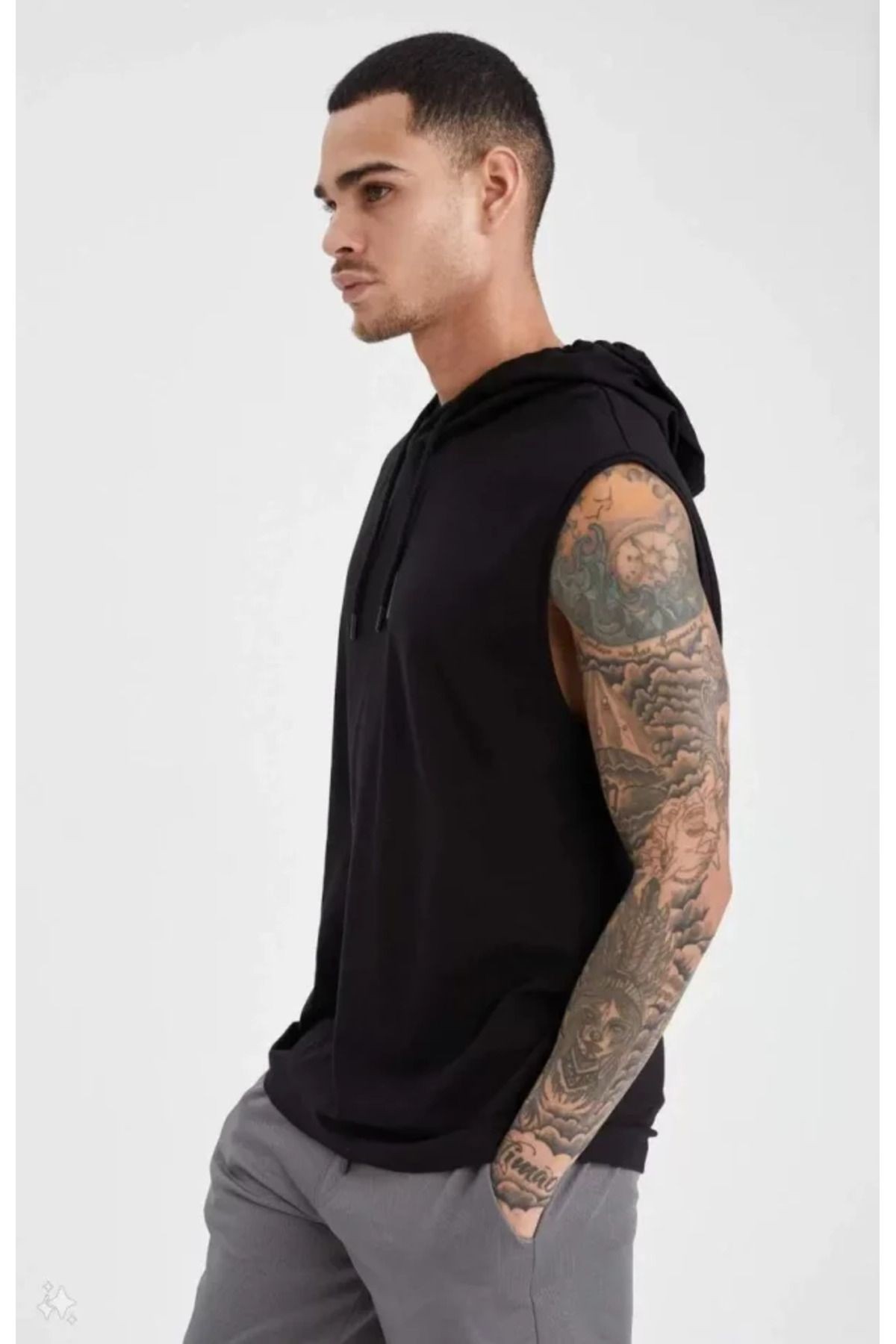 Unisex Kapşonlu Kolsuz Düz Oversize T-shirt - Siyah