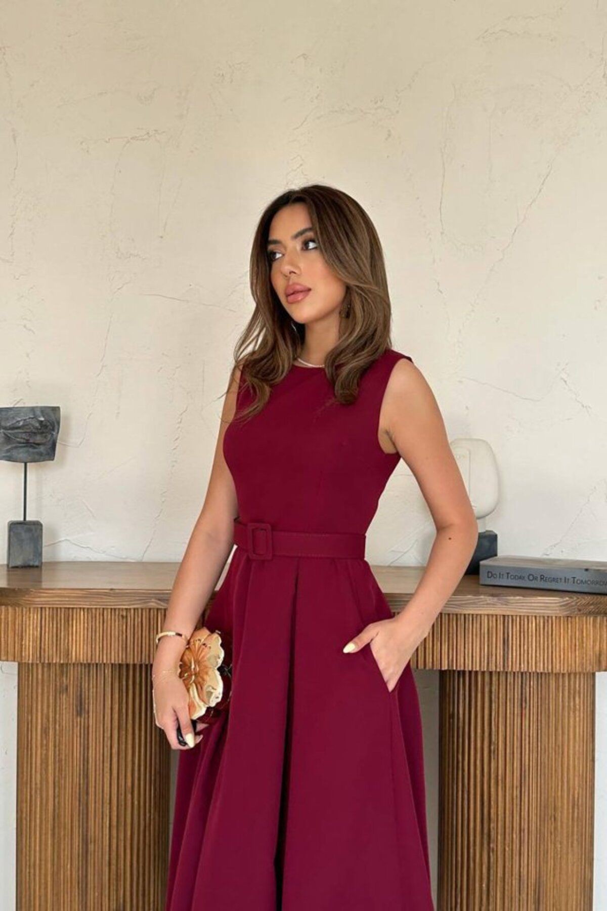 Bordo Halter Yaka Kloş Elbise