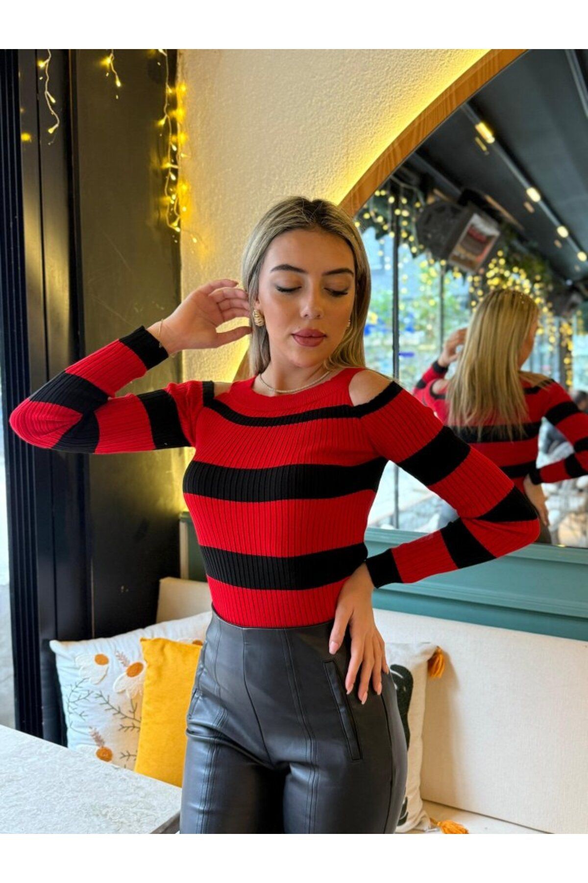 Fashion`S Kadın Uzun Kollu Bisiklet Yaka Omuzları Açık Triko Bluz