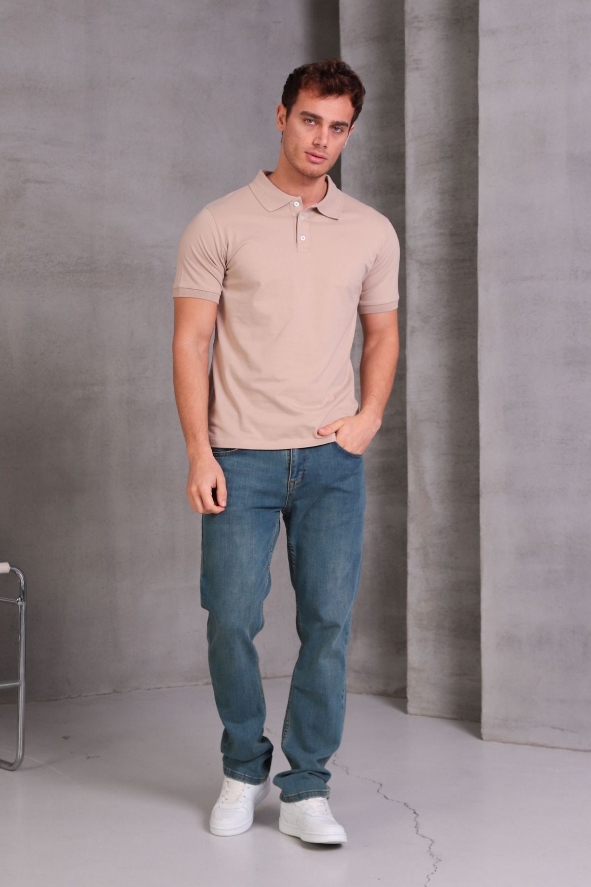 Erkek Dar Kesim Slim Fit Pamuklu Yumuşak Doku Nefes Alan Kumaş Kıvrılmaz Yaka Bej Polo Yaka Tişört