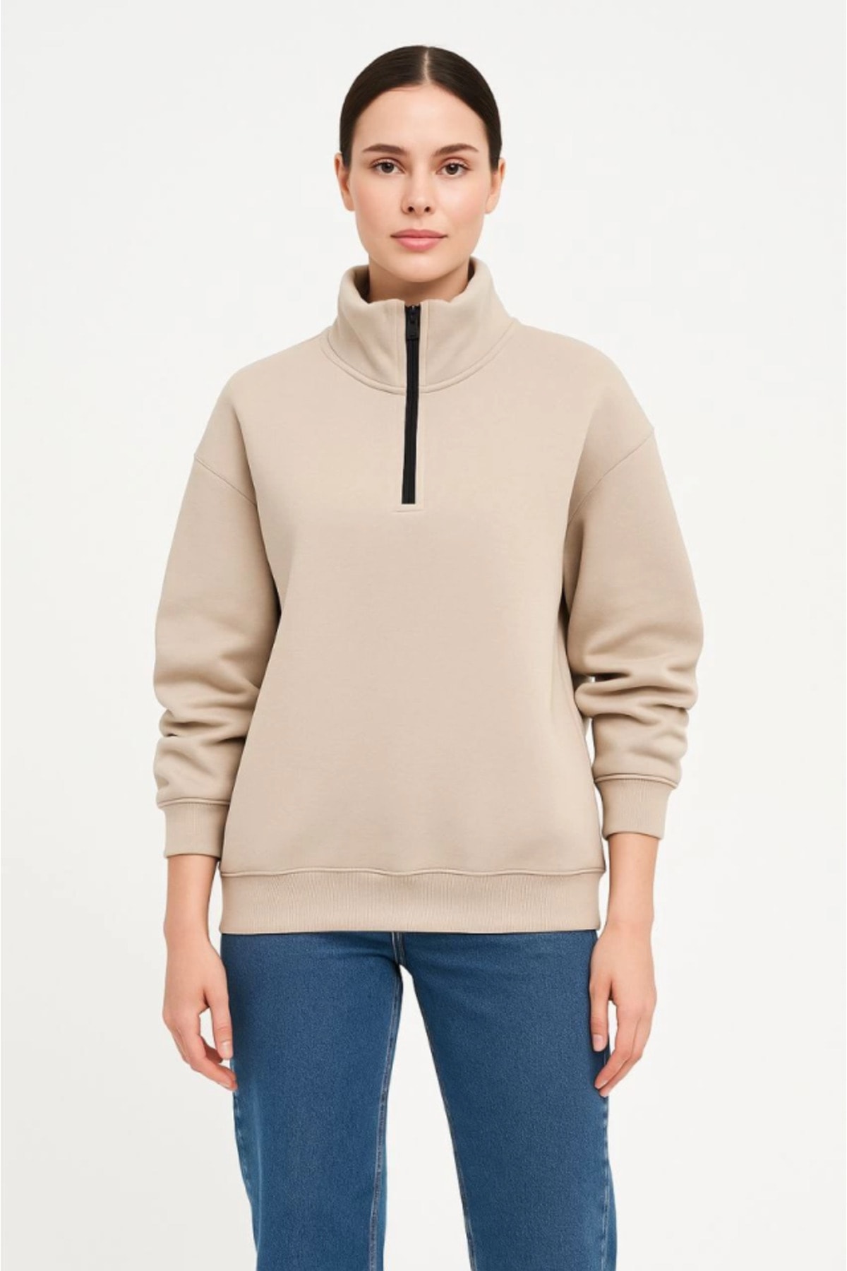 Üç İplik Dık Yaka Yarım Fermuarlı SweatShirt - Bej