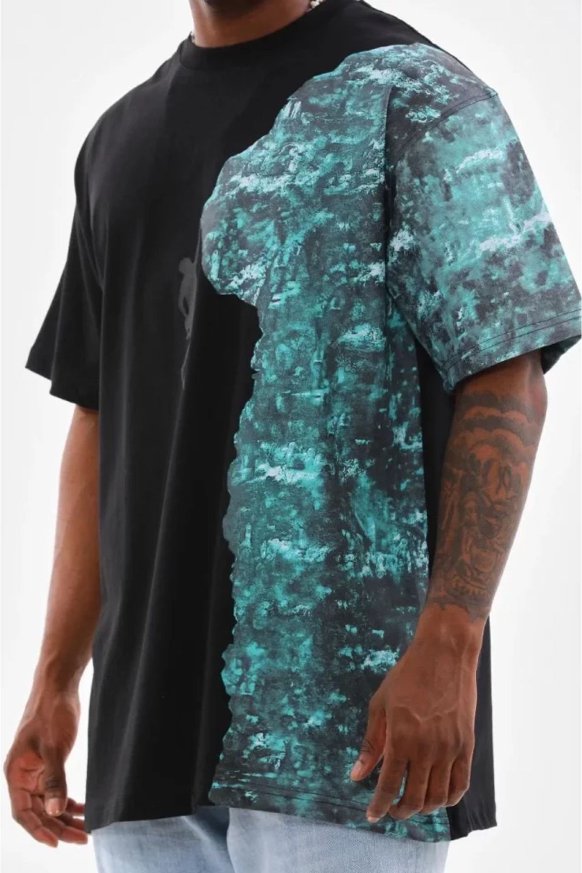 Unisex Bisiklet Yaka Baskılı Oversize T-Shirt - Siyah