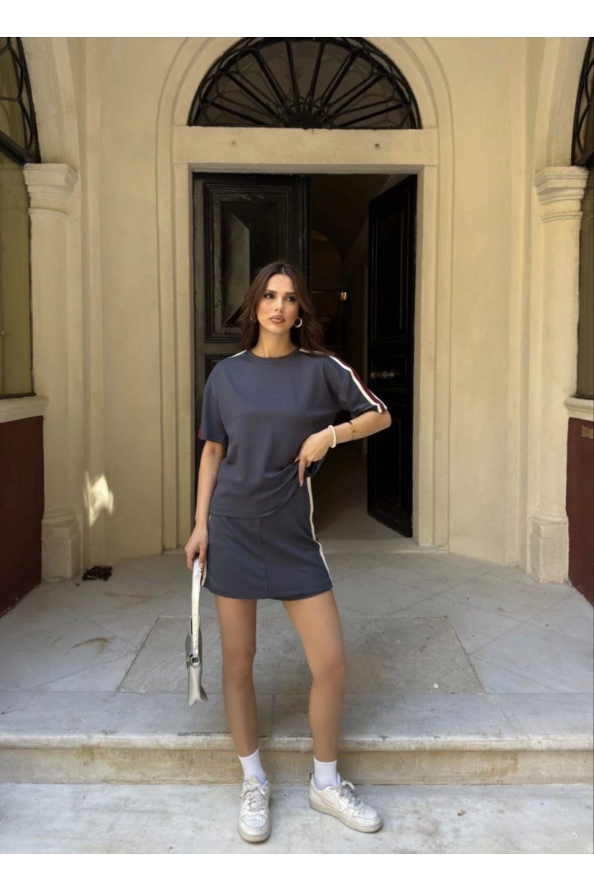Osy Modal Yumuşak Dokulu Kumaş Parçalı Bisiklet Yaka T-shirt Mini Şortlu Etek İkili Takım