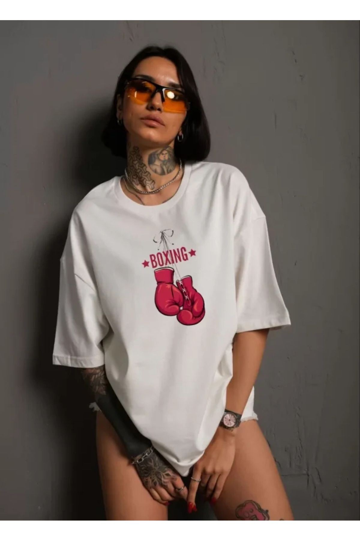 Unisex Bisiklet Yaka Baskılı Oversize T-Shirt - Beyaz