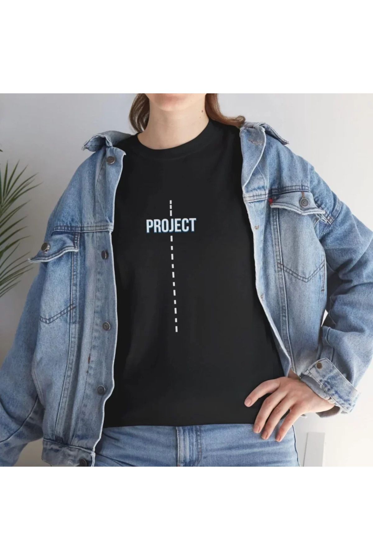 Unisex Bisiklet Yaka Baskılı T-Shirt - Siyah