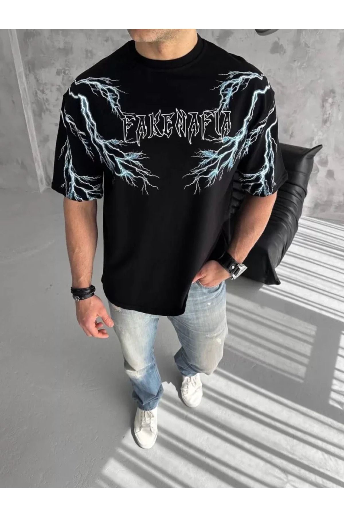 Unisex Bisiklet Yaka Baskılı Oversize T-Shirt - Siyah