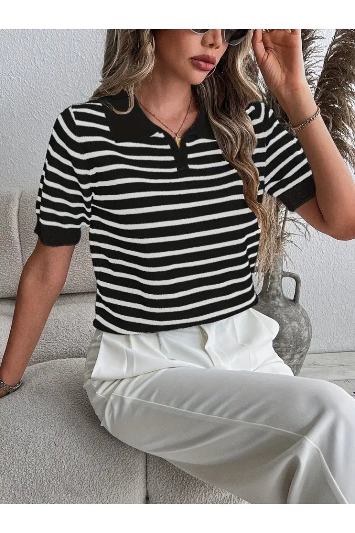 Kadın Kısa Kol Polo Yaka çizgi Desen Triko Bluz