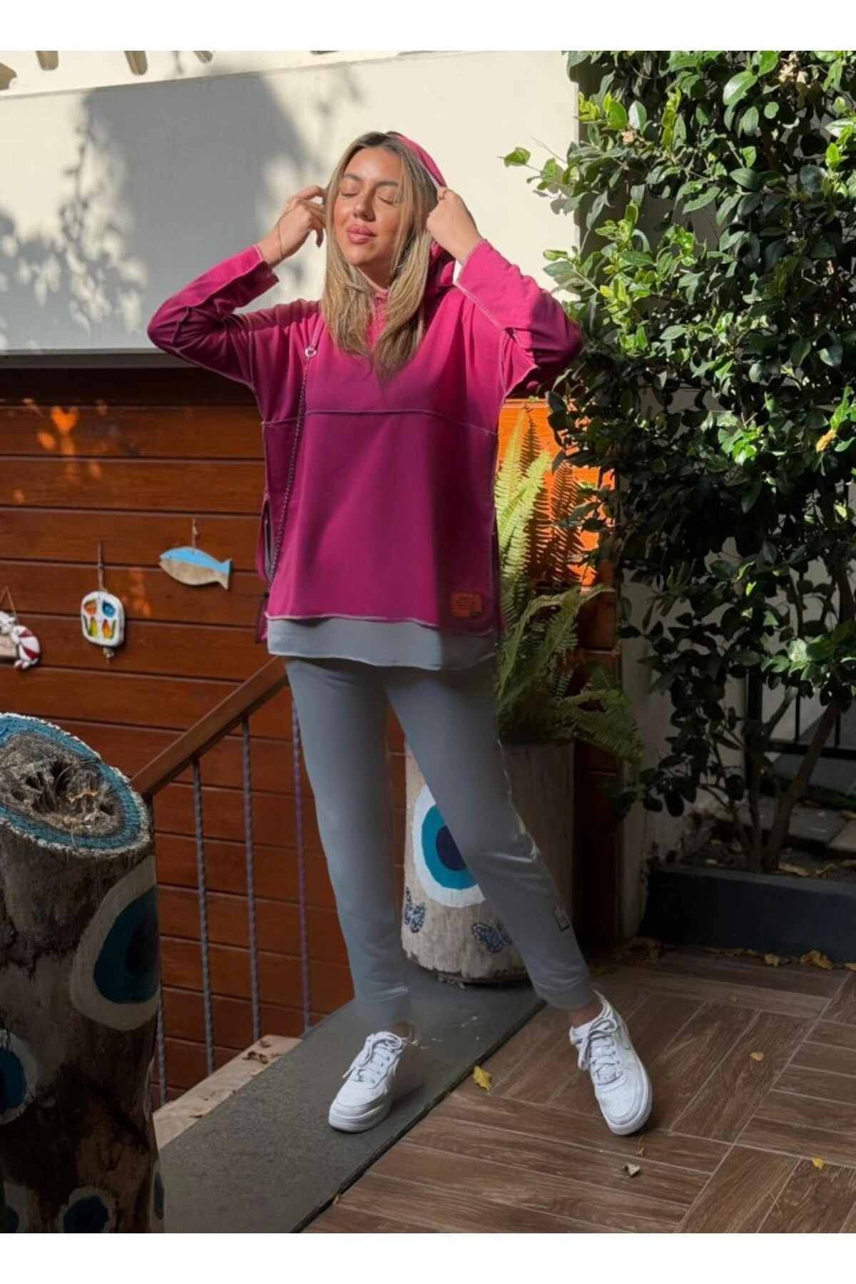 mrpurple Kadın Pembe Kapşonlu Etek Ucu Detay Arma Ters Dikiş Gorunumlu Ikili Takım