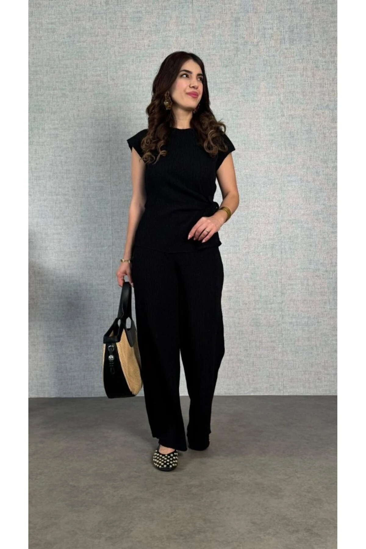 eyesof Kadın Kısa Kollu Bisiklet Yaka Yandan Bağlamalı Bürümcük Bluz Ve Pantolon Ikili Takım