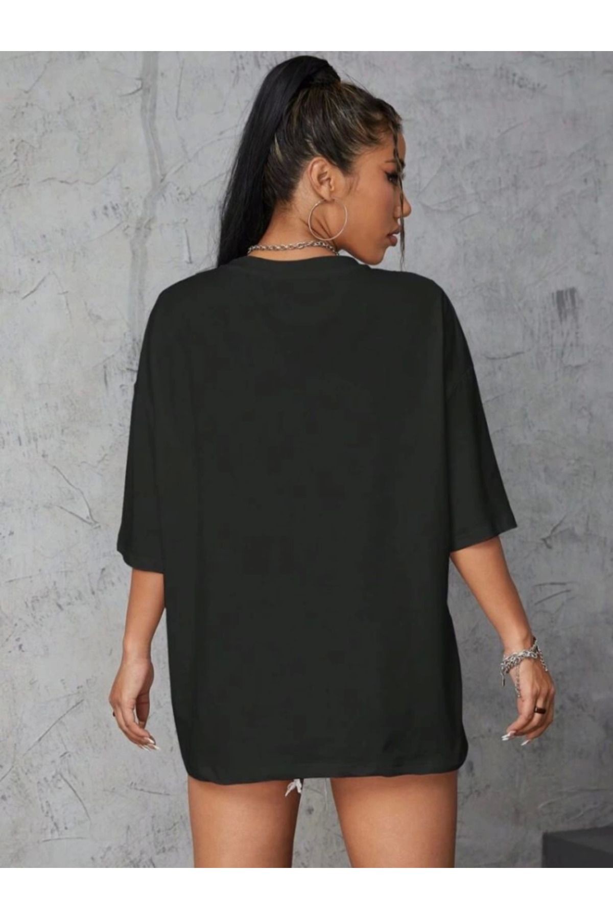 Baskılı Oversize T-shirt - Siyah