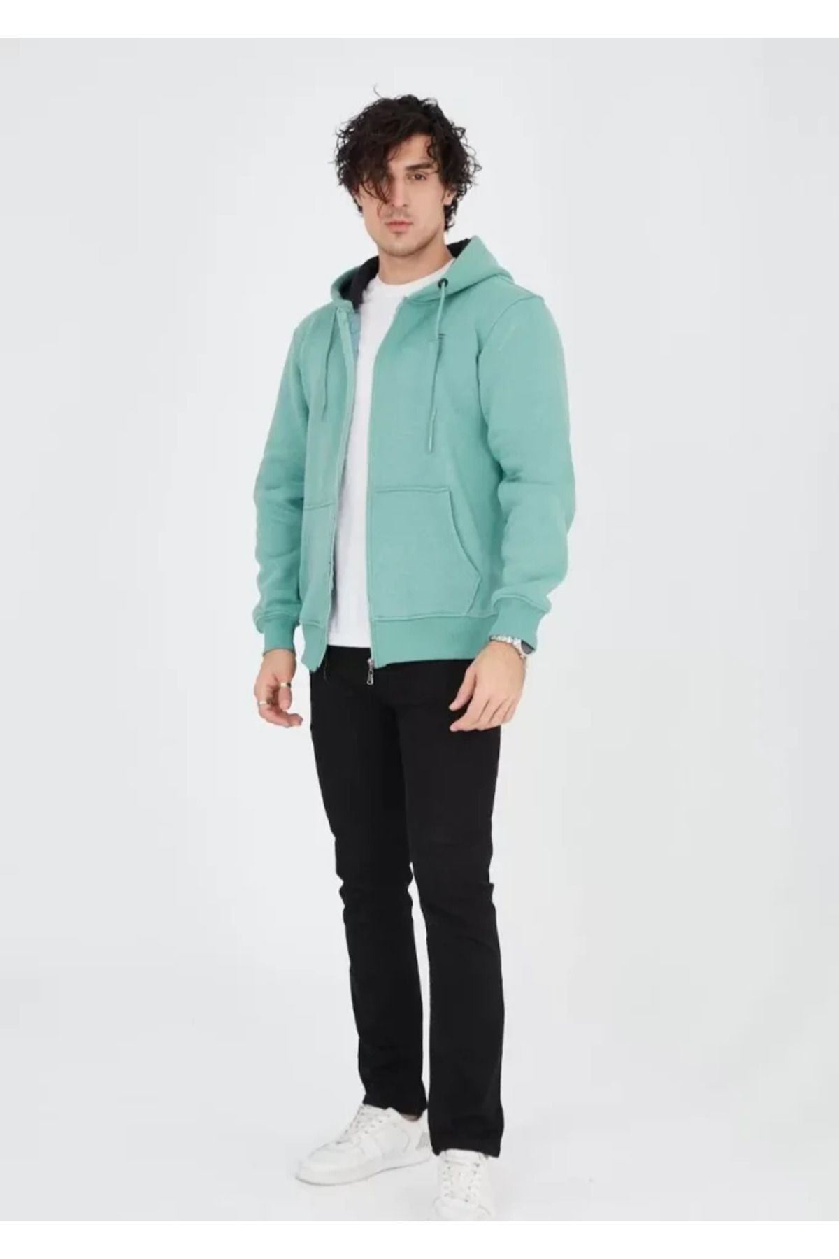 Unisex Tam Fermuarlı Kapşonlu SweatShirt - Mint Yeşili