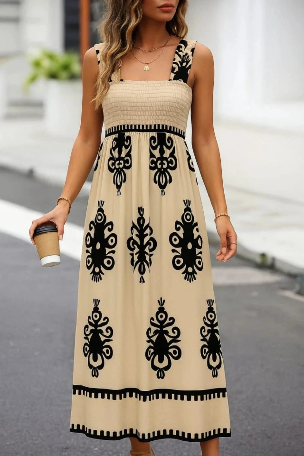 Kadın Askılı Kare Yaka Gipe Detaylı Desenli Suprem Elbise