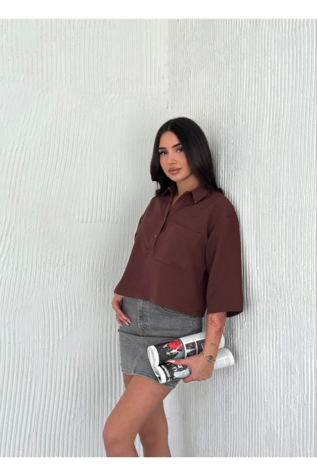 Crop Yakalı Gömlek Üç Çeyrek Sleeve Kol - Kahverengi