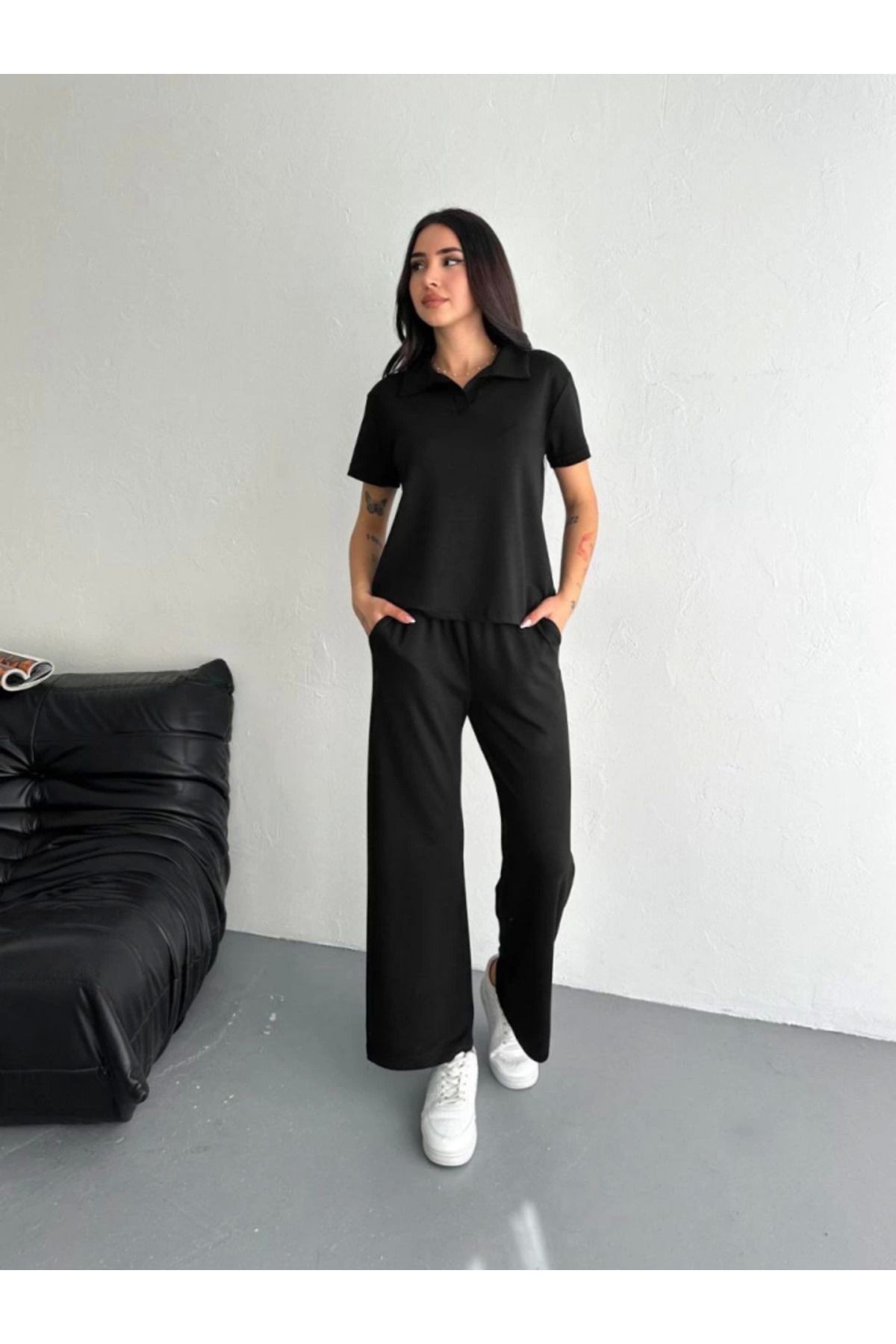 Osy Modal Yumuşak Dokulu Kumaş Kısa Kollu Yakalı T-shirt Pantalon Ikili Takım- Siyah