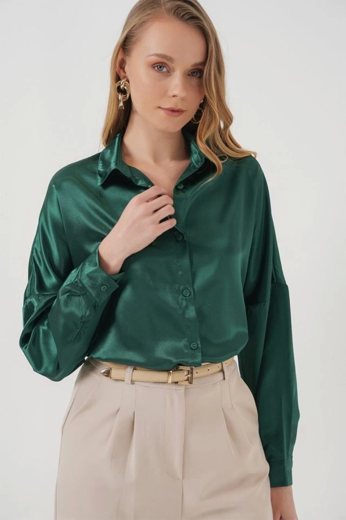 3985 Oversize Saten Gömlek -  Yeşili