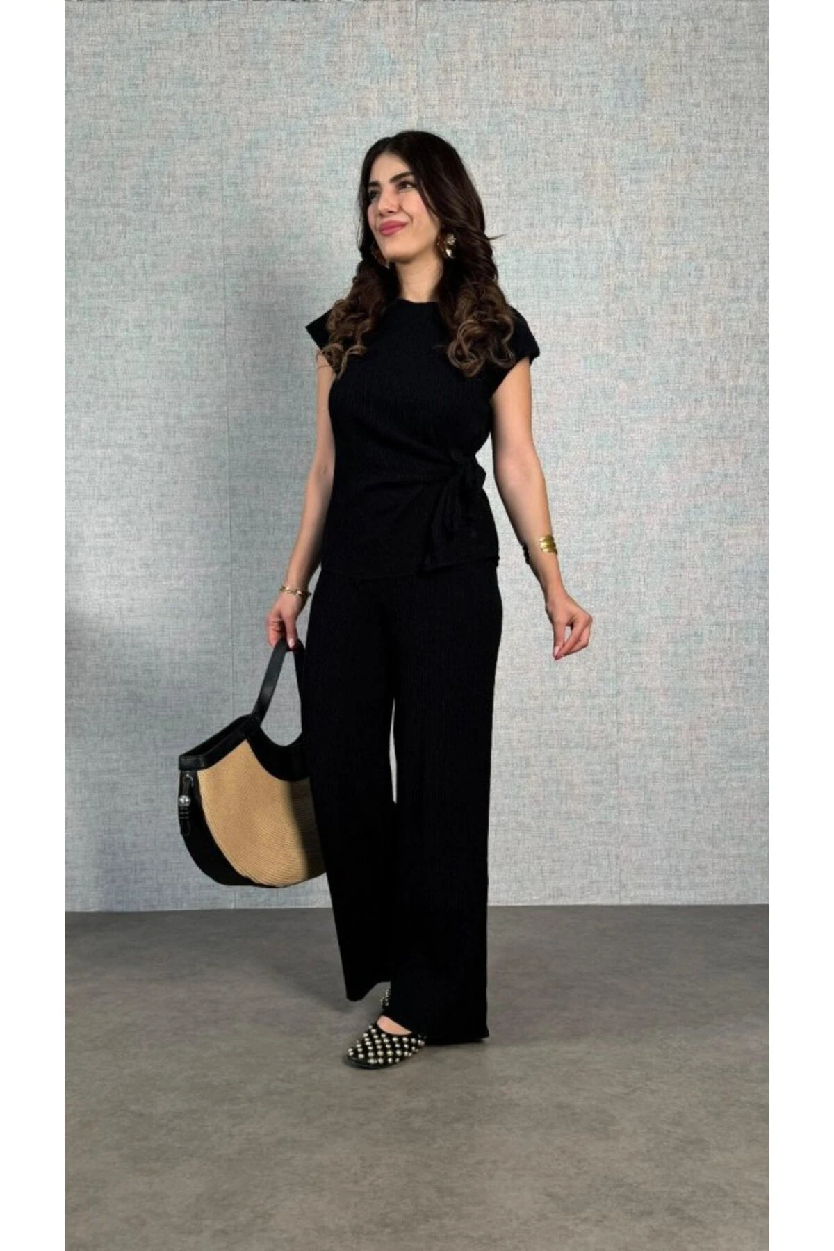 eyesof Kadın Kısa Kollu Bisiklet Yaka Yandan Bağlamalı Bürümcük Bluz Ve Pantolon Ikili Takım