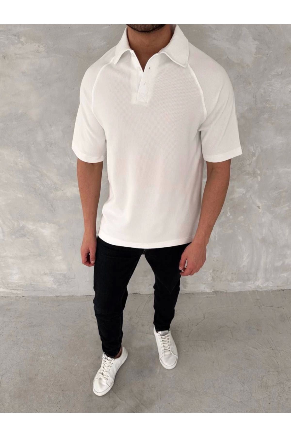 Yakalı Patlı Kısa Kol T-shirt - Beyaz