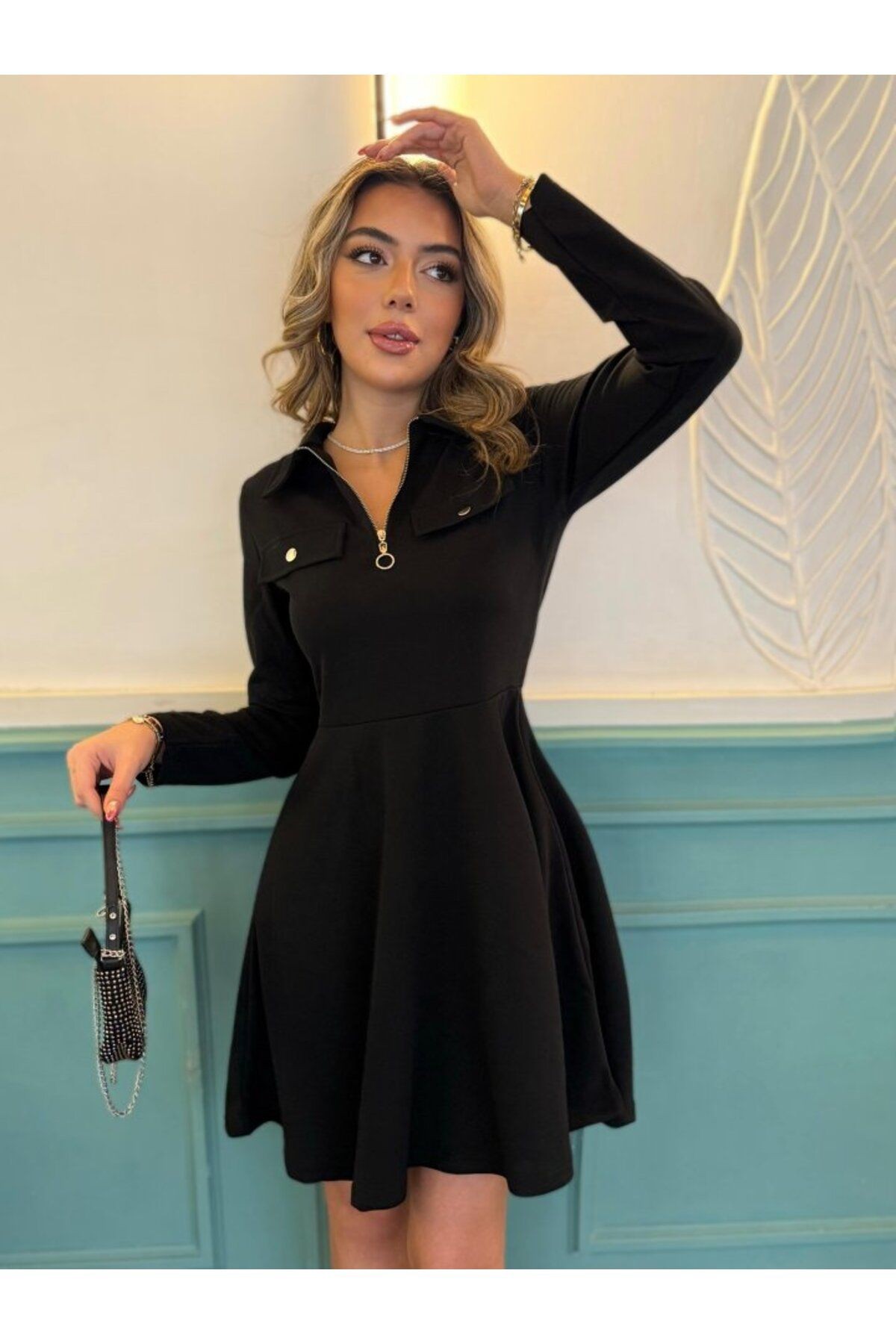 Kadın Uzun Kollu Yakalı Fermuarlı Ve Cepli Kısa Ithal Krep Kısa Elbise