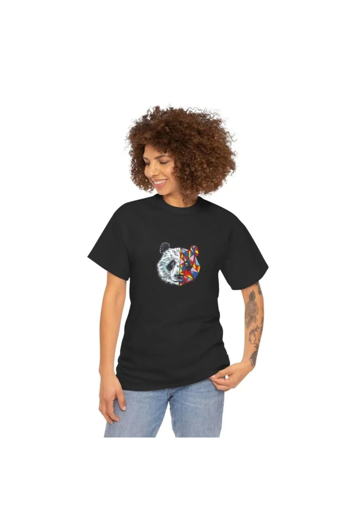 Unisex Bisiklet Yaka Baskılı T-Shirt - Siyah