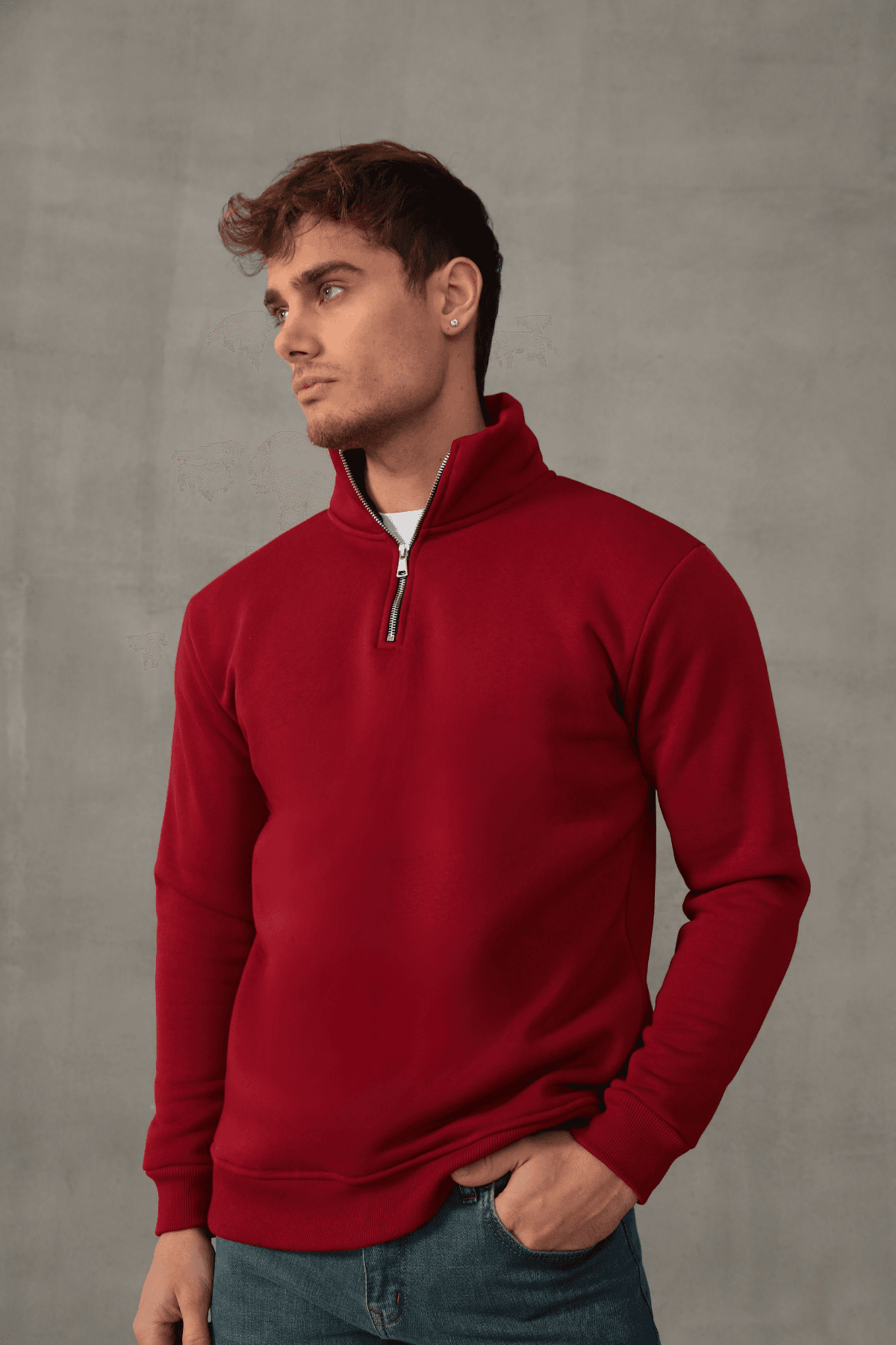 Unisex Relax Fit Rahat Kesim Yumuşak Dokulu İçi Polarlı Yarım Fermuarlı Dik Yaka Sweatshirt
