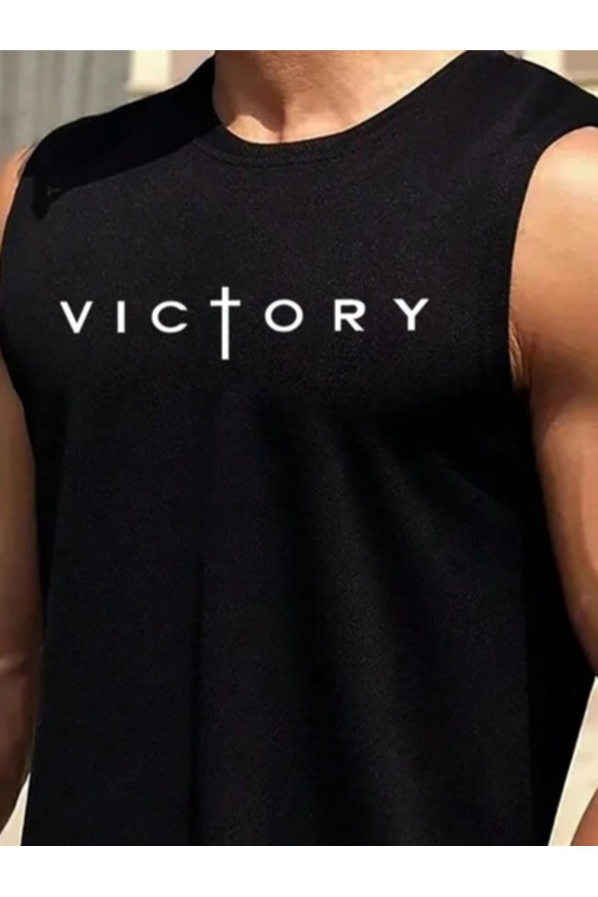 Erkek Sıfır Kol Victory Baskılı Süprem tişört