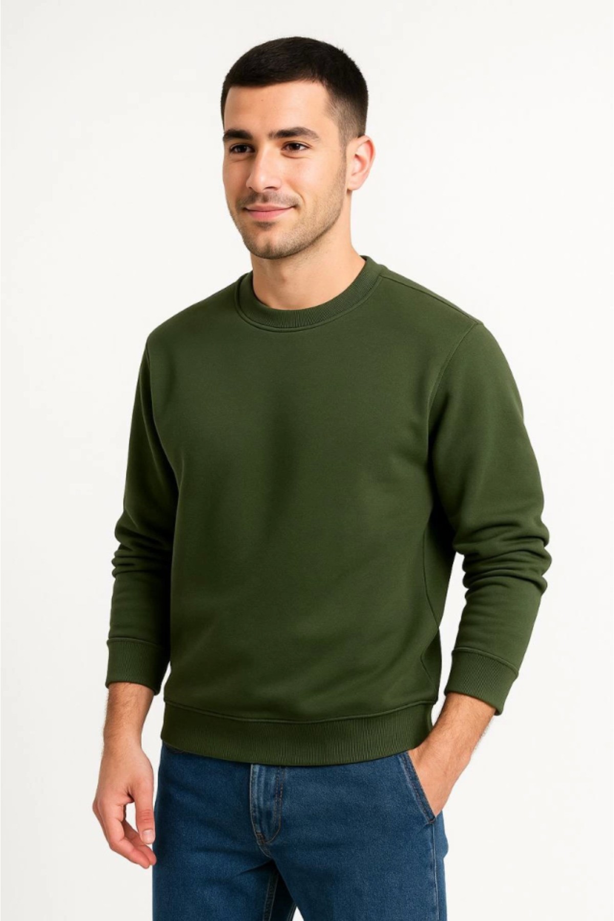 Erkek Üç İplik Düz Bisiklet Yaka SweatShirt - Haki