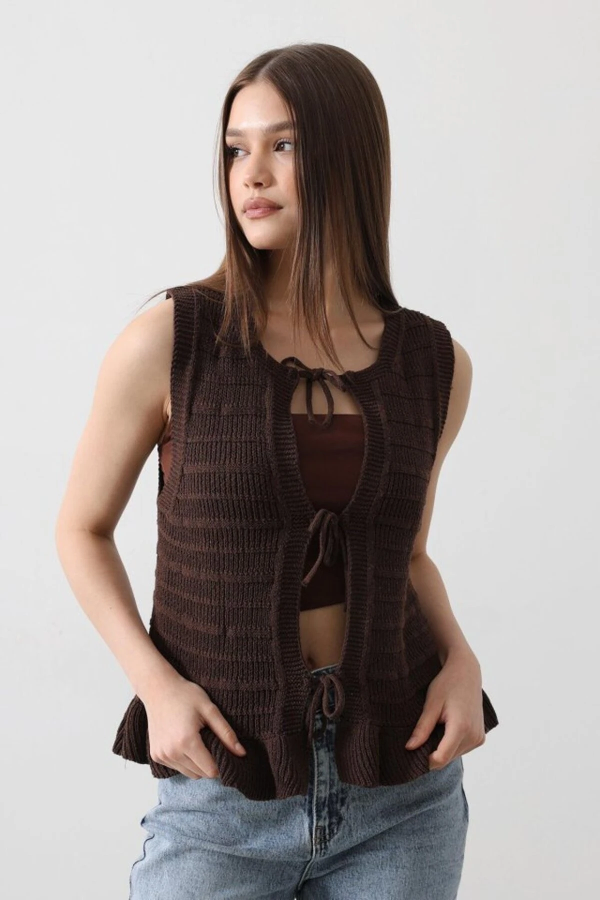 Önü Bağlamalı Yelek - Kahve