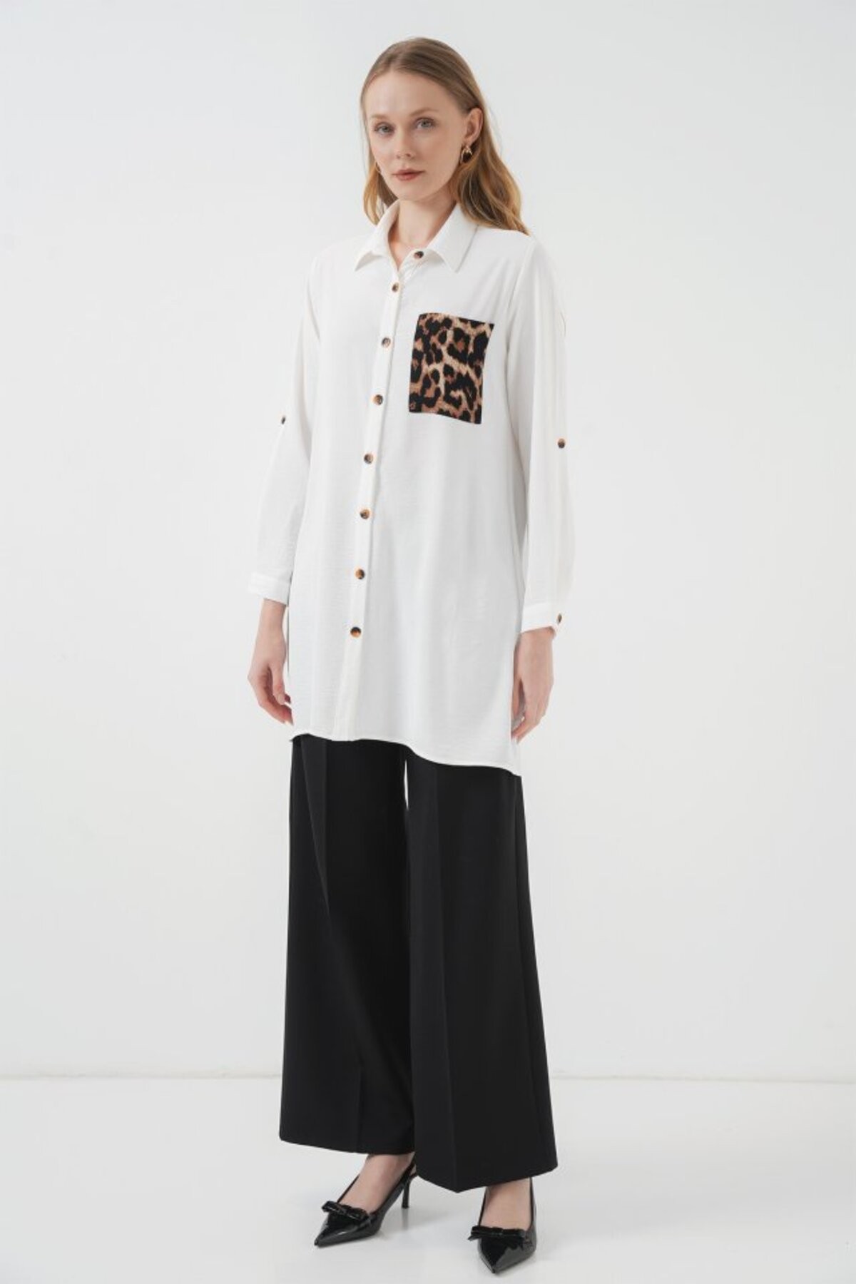cottonLab 5851 Cep Detaylı Gömlek Tunik - Beyaz