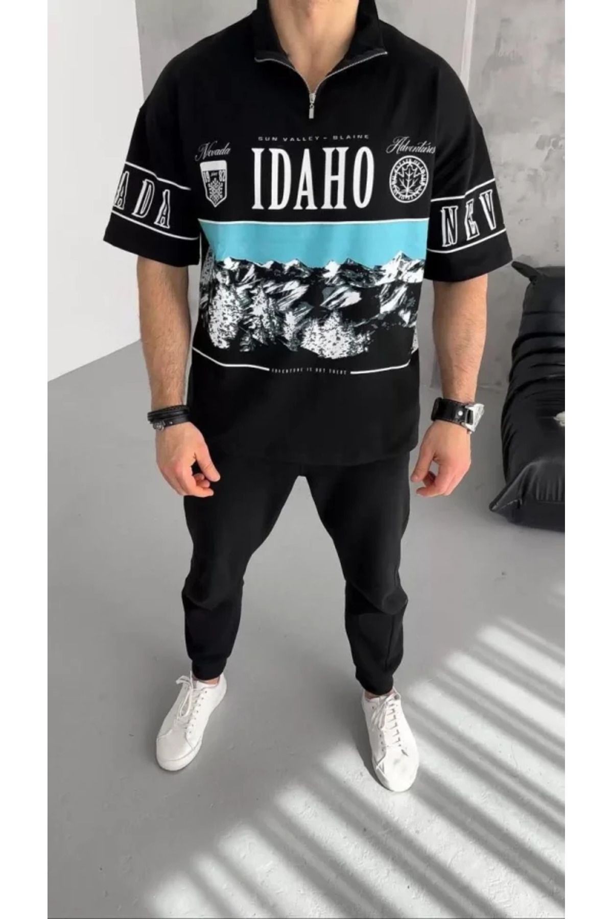 Unisex Baskılı Yarım Fermuarlı T-Shirt - Siyah