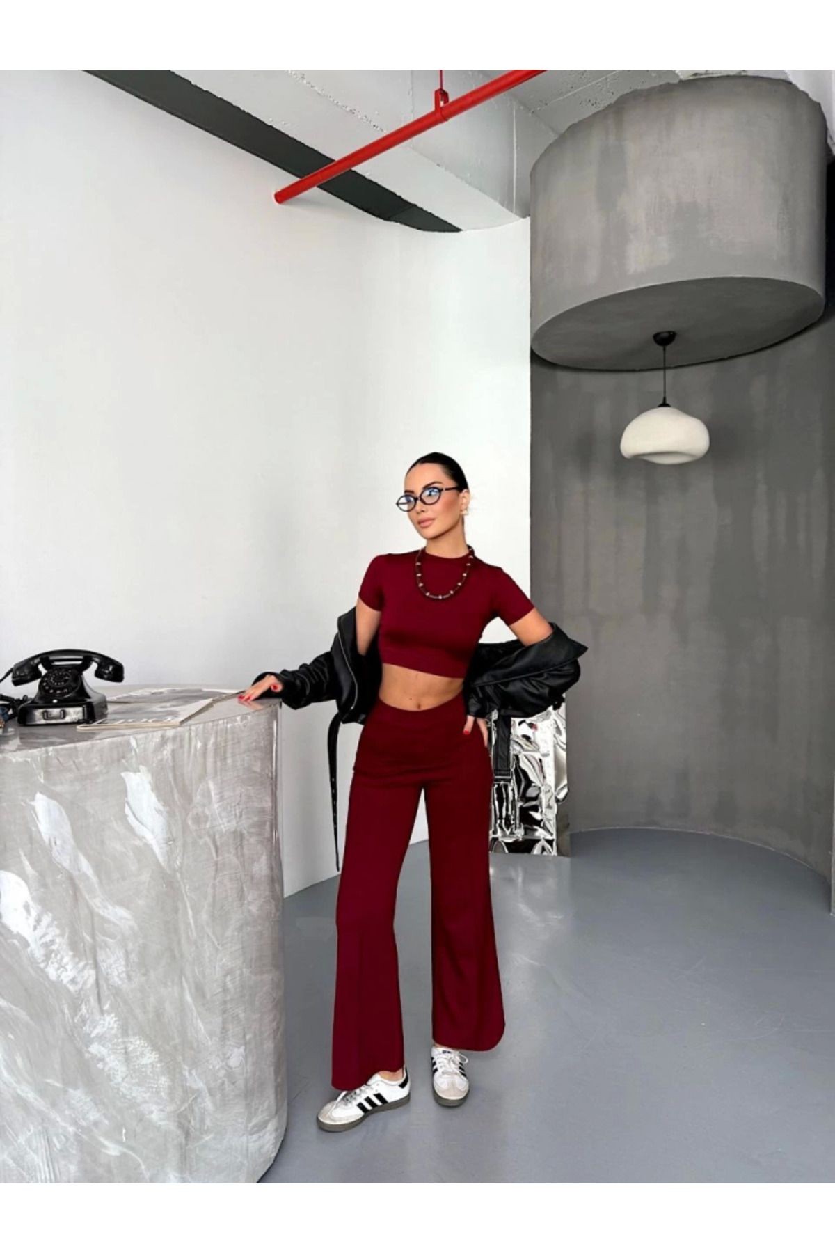 Modal Yumuşak Dokulu Kumaş Kısa Kollu Crop Alt Ispanyol Paça Pantalon Ikili Takım - Bo