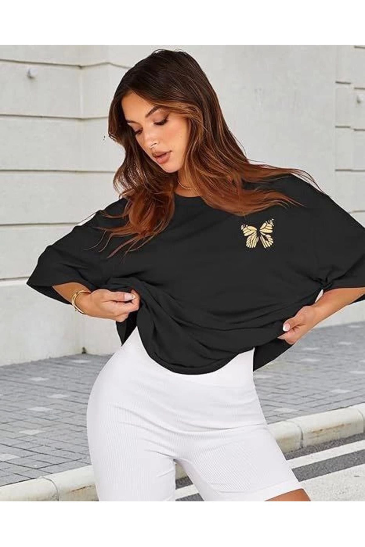Bisiklet Yaka Baskılı T-shirt - Siyah