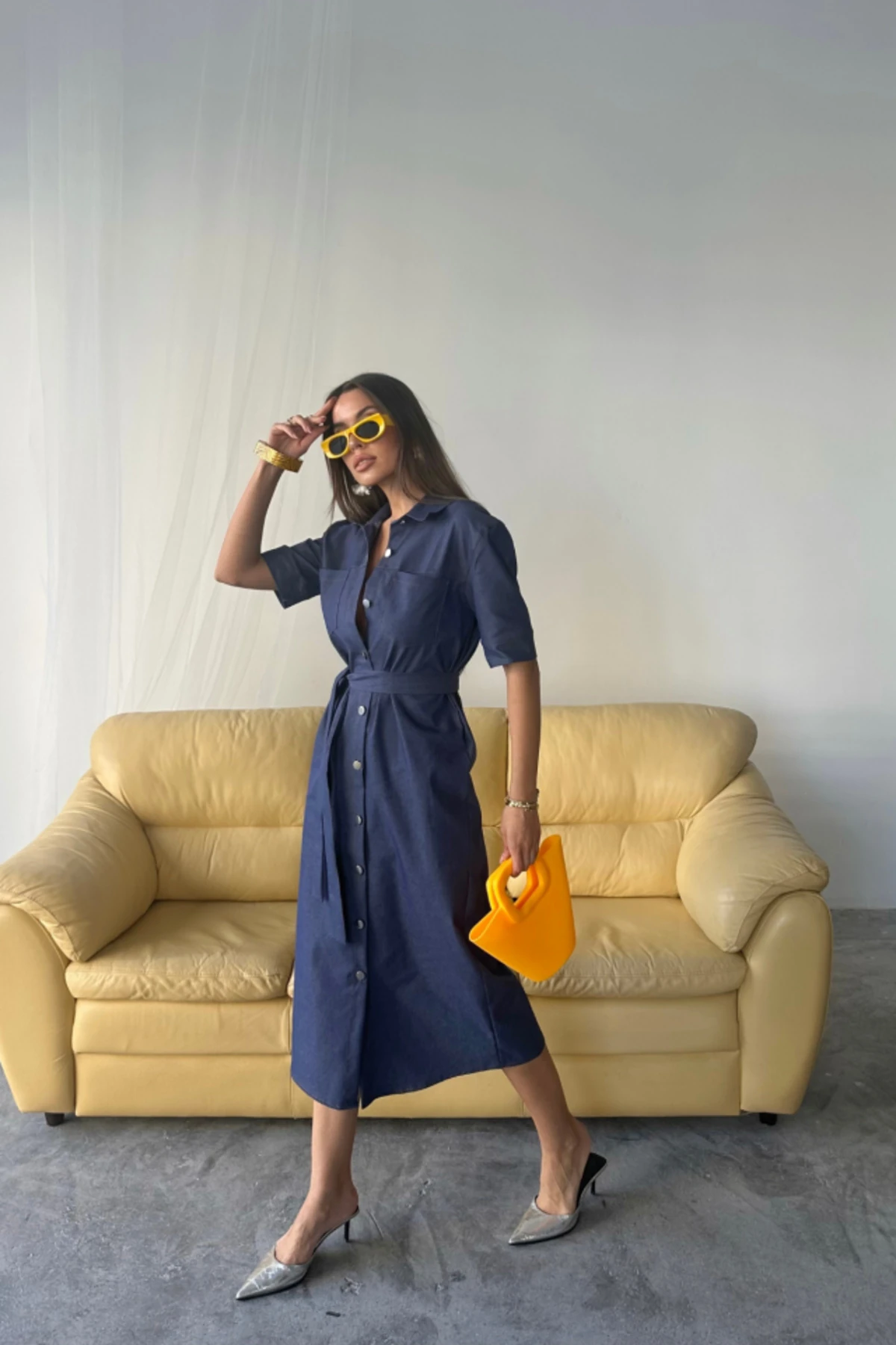 ÖNDEN DÜĞMELİ KISA KOL ELBİSE - Mavi