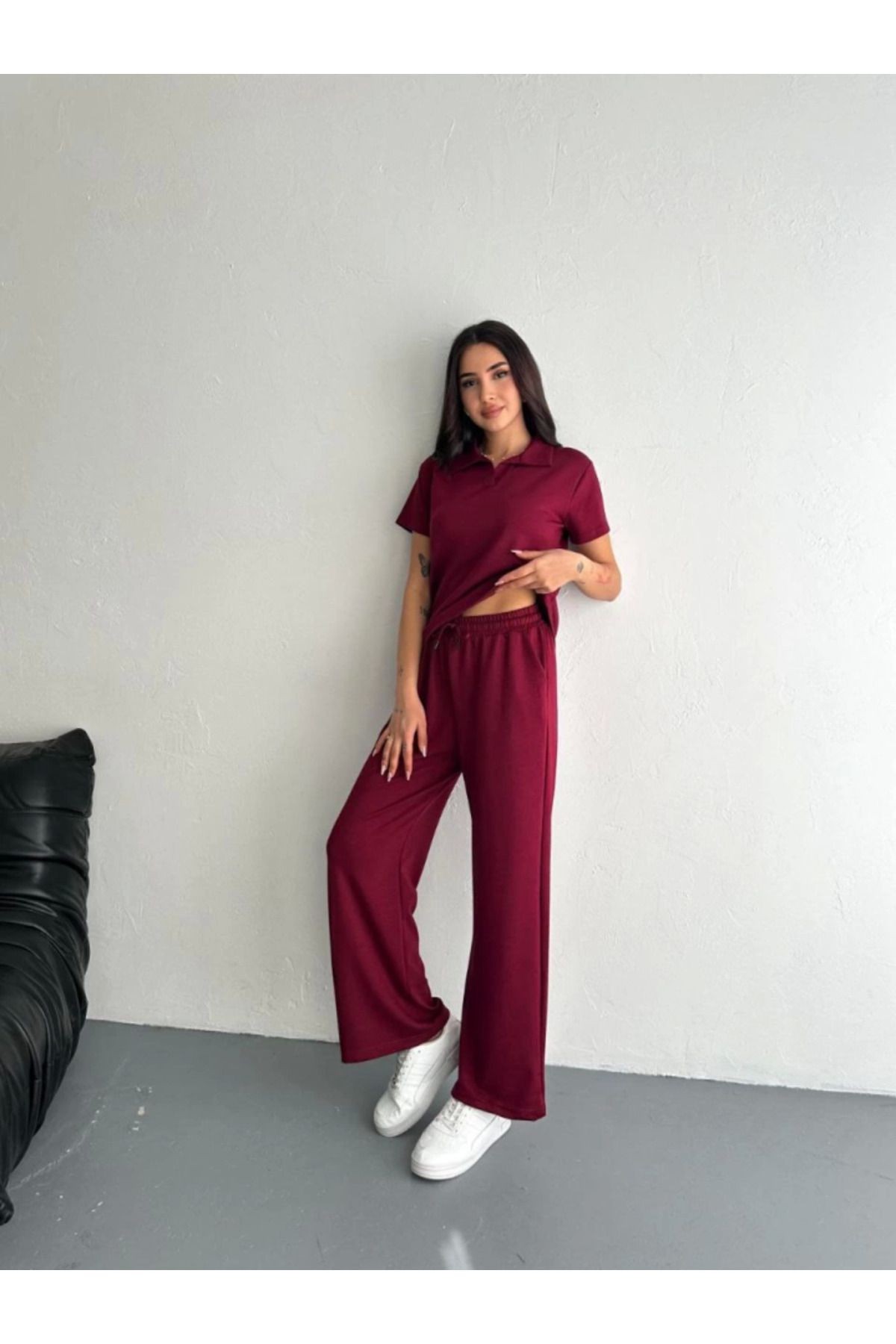 Osy Modal Yumuşak Dokulu Kumaş Kısa Kollu Yakalı T-shirt Pantalon Ikili Takım- Bordo