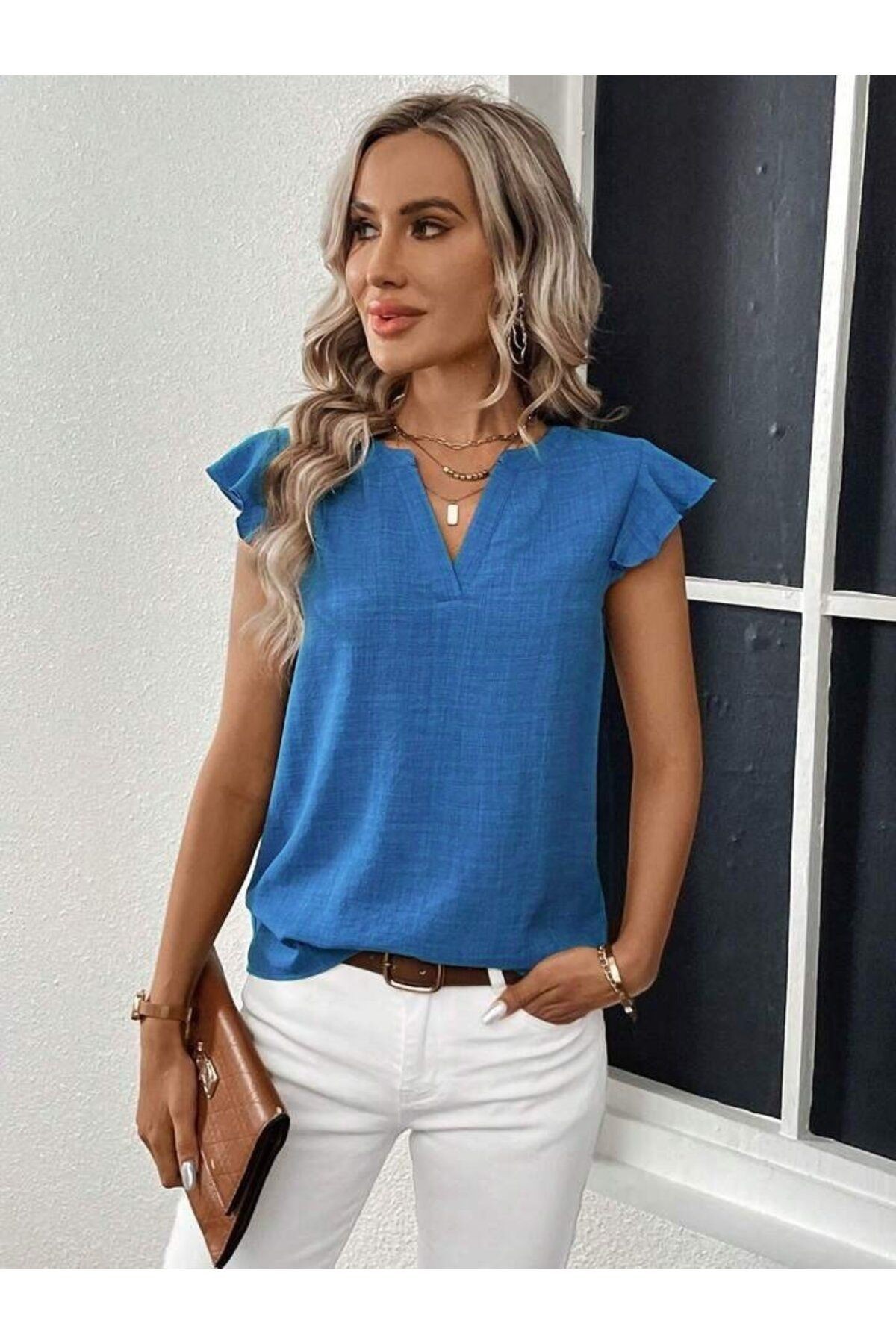 Kadın Kısa Kelebek Kollu V Yakalı Bluz