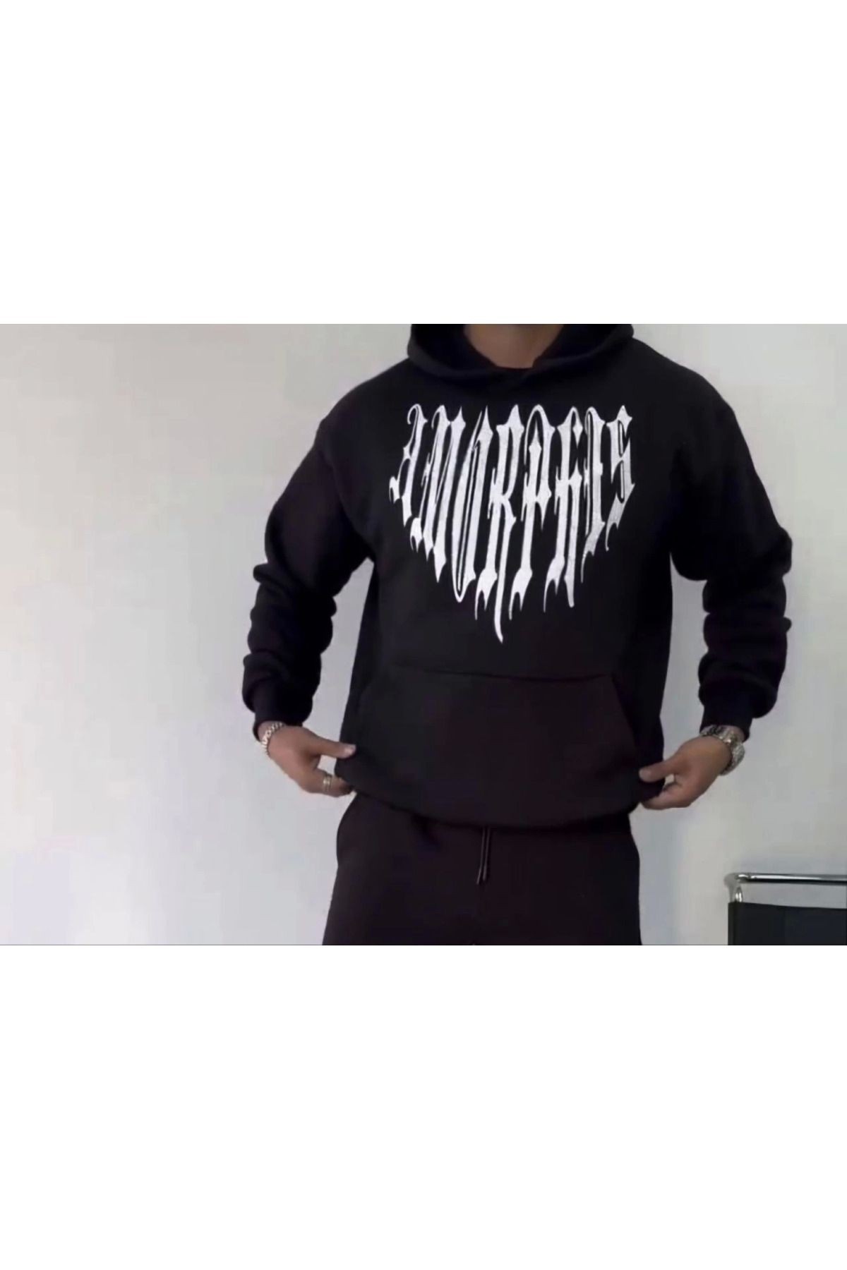 Uzun Kol Kapşonlu Baskılı SweatShirt - Siyah
