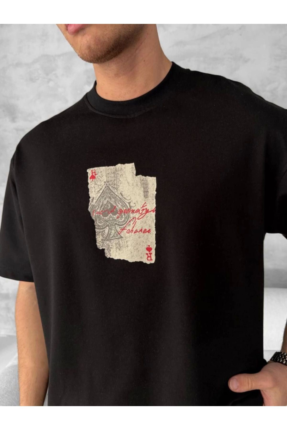 Ön Ve Arka Baskılı Oversize Bisiklet Yaka T-shirt - Siyah