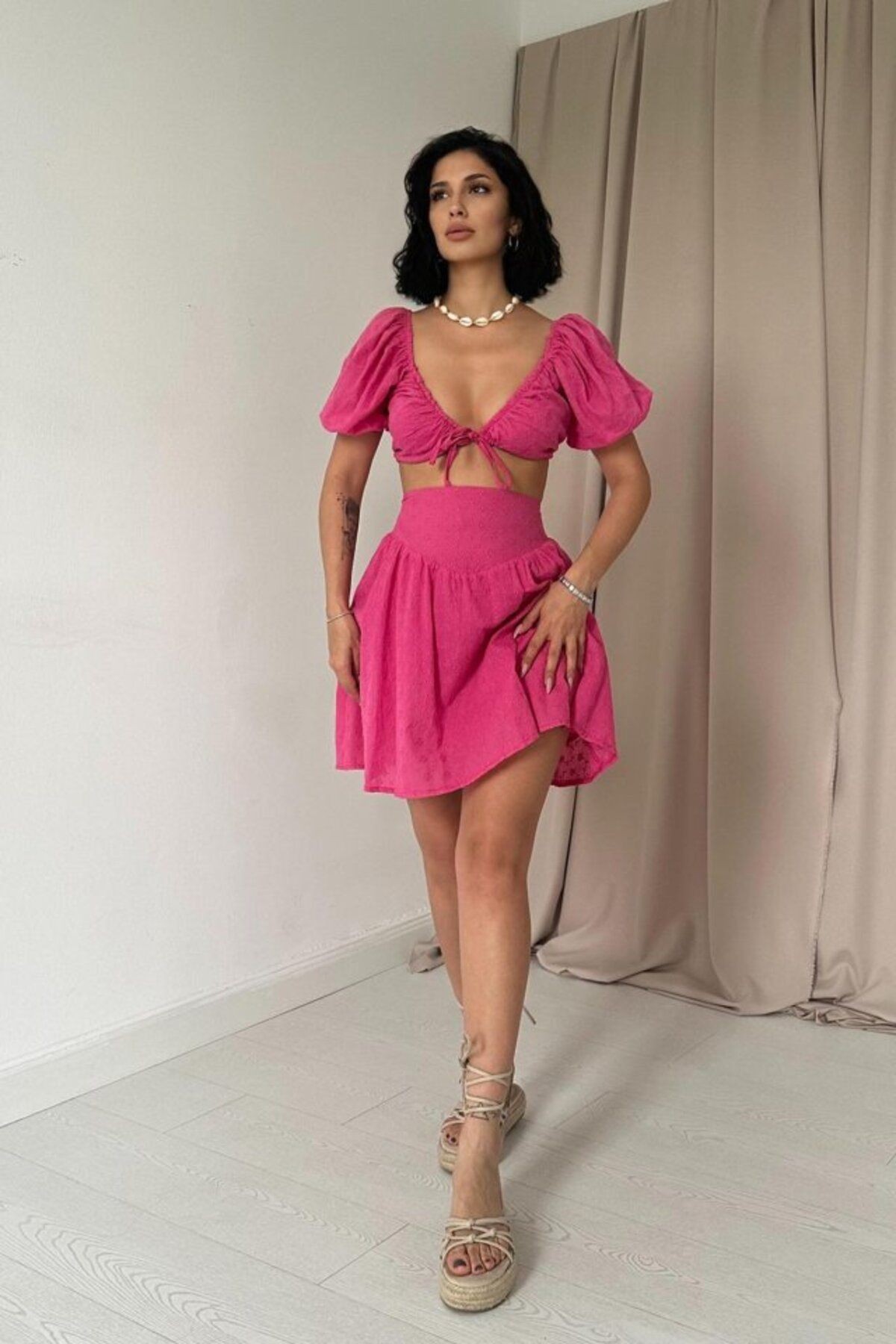 TİANA Fuşya Brode Crop Ve Mini Etek Takım